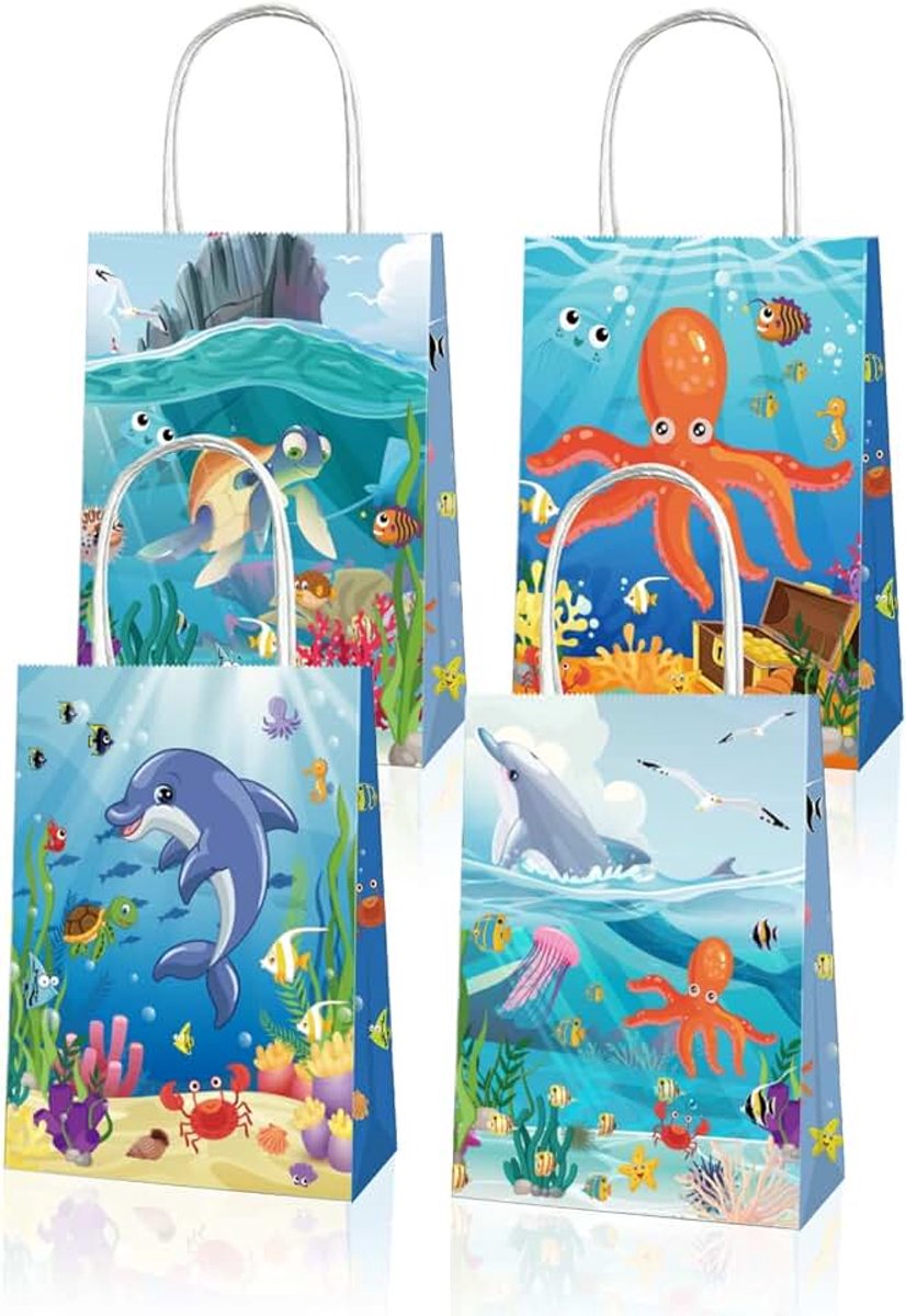 12 Pack Ocean Theme Party Favor Bags, Dolfijn Party Gift Bags, Underwater World Creatures Print Party Goodie Bags, Octopus patroon papieren zakken, verjaardagsfeestje snoepzakken met handvat