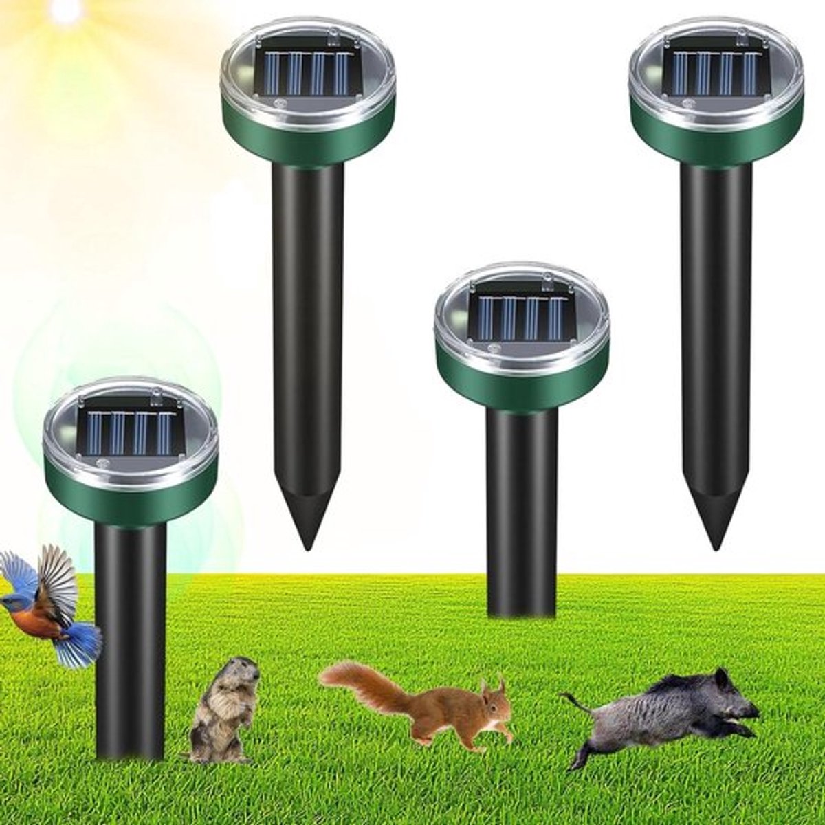 Mollenverjager op Zonne-energie met Ultrageluid - 4 Stuks voor Tuin, Gazon en Binnenplaats. Beschermt tegen Muizen, Zakratten en Woelmuizen.