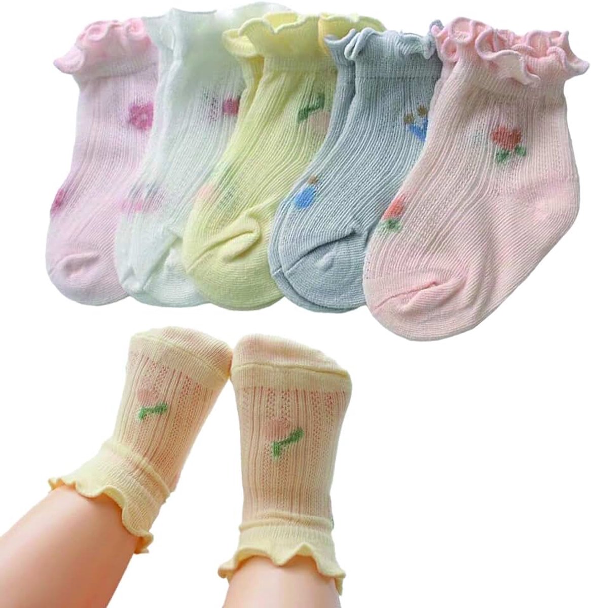Sokken 0-12 maanden, sokken met ruches voor kinderen, ademend, schattig voor pasgeborenen, meisjes, kinderen