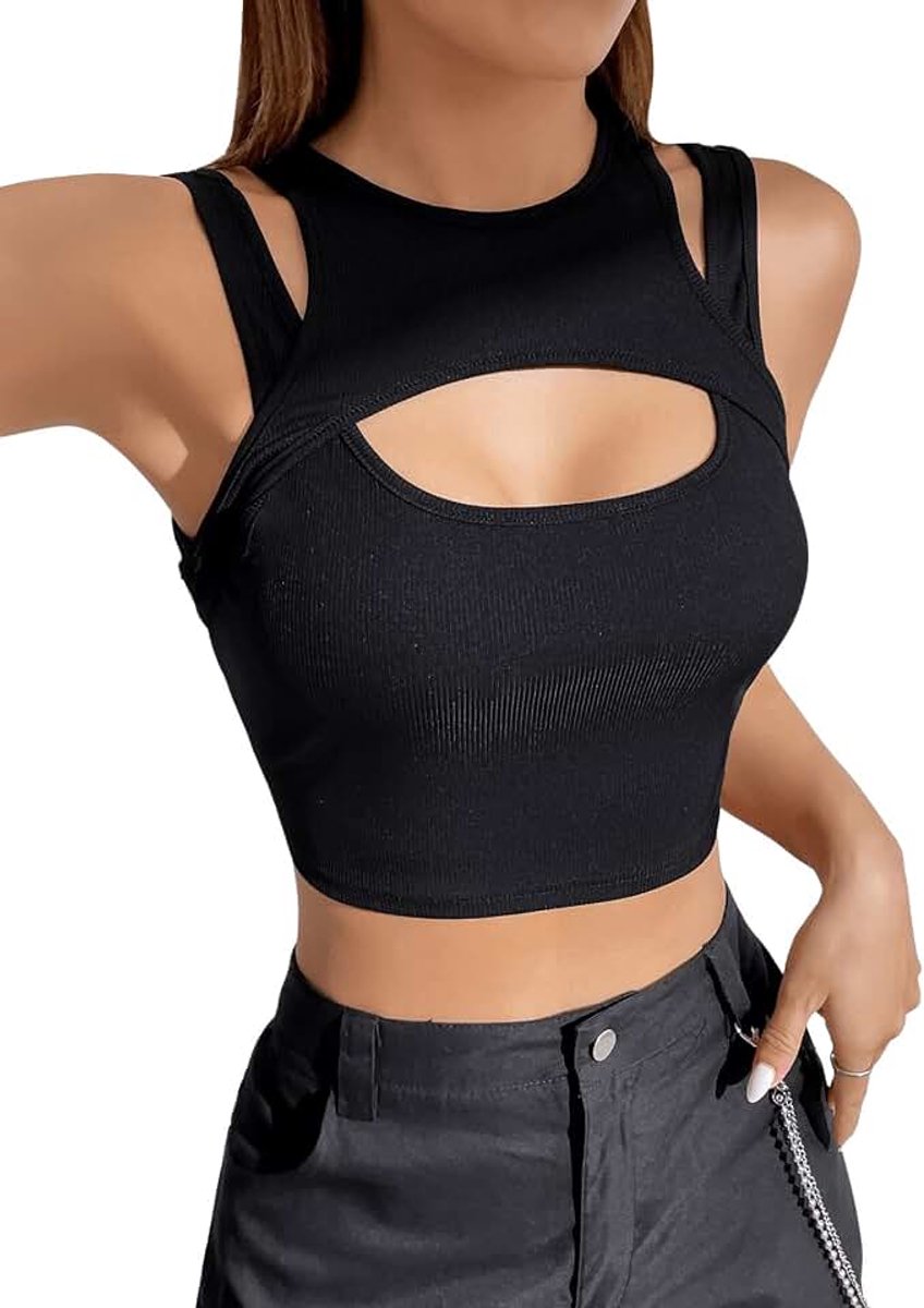 Crop Tanktop voor dames, Y2k cut-out top, buikvrije top met hals, sexy top, mouwloos tanktops
