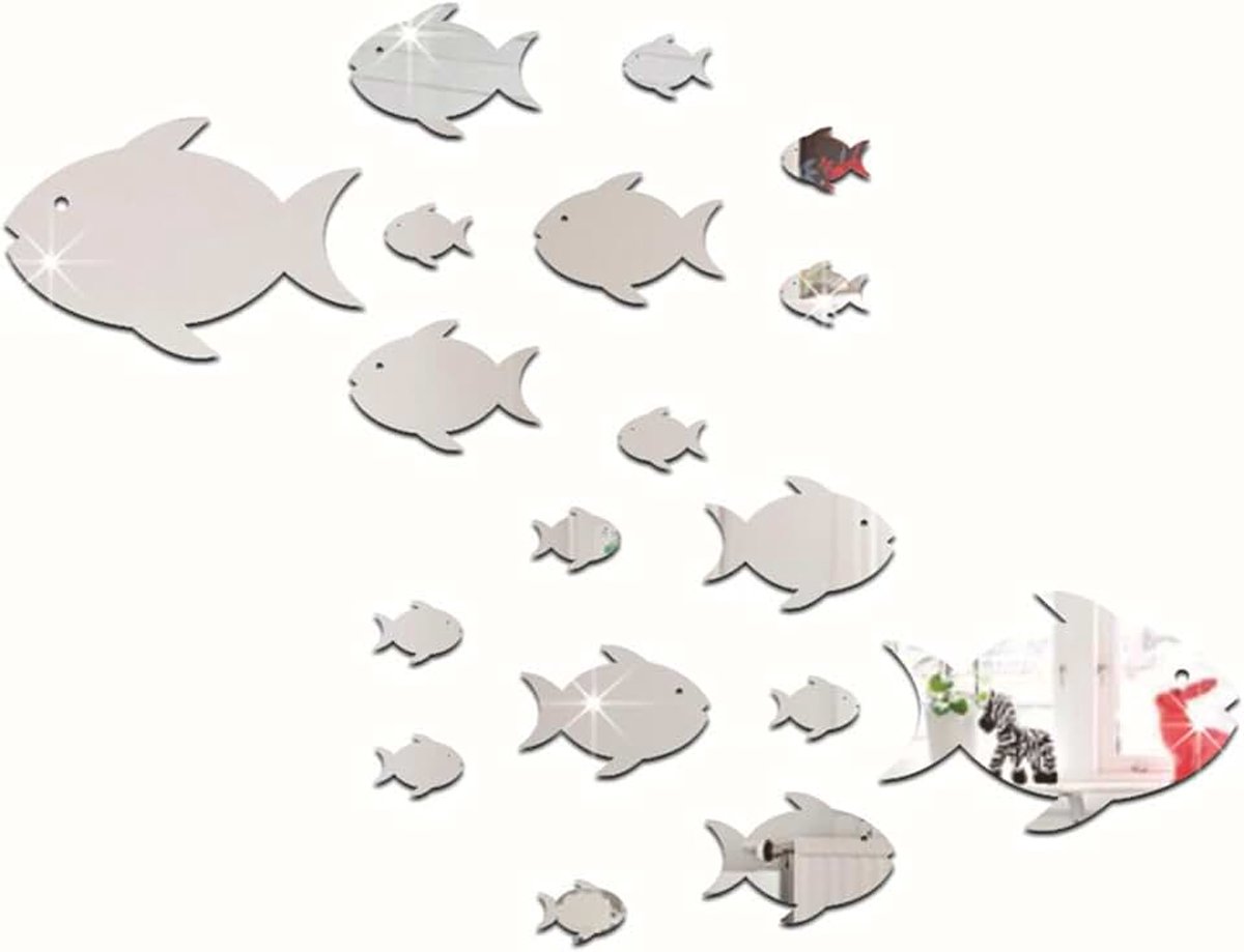 Muursticker vissen, doe-het-zelf spiegel muursticker zelfklevend, visschool muursticker kunst decor voor slaapkamer, badkamer, kamer woonkamer (type 8)