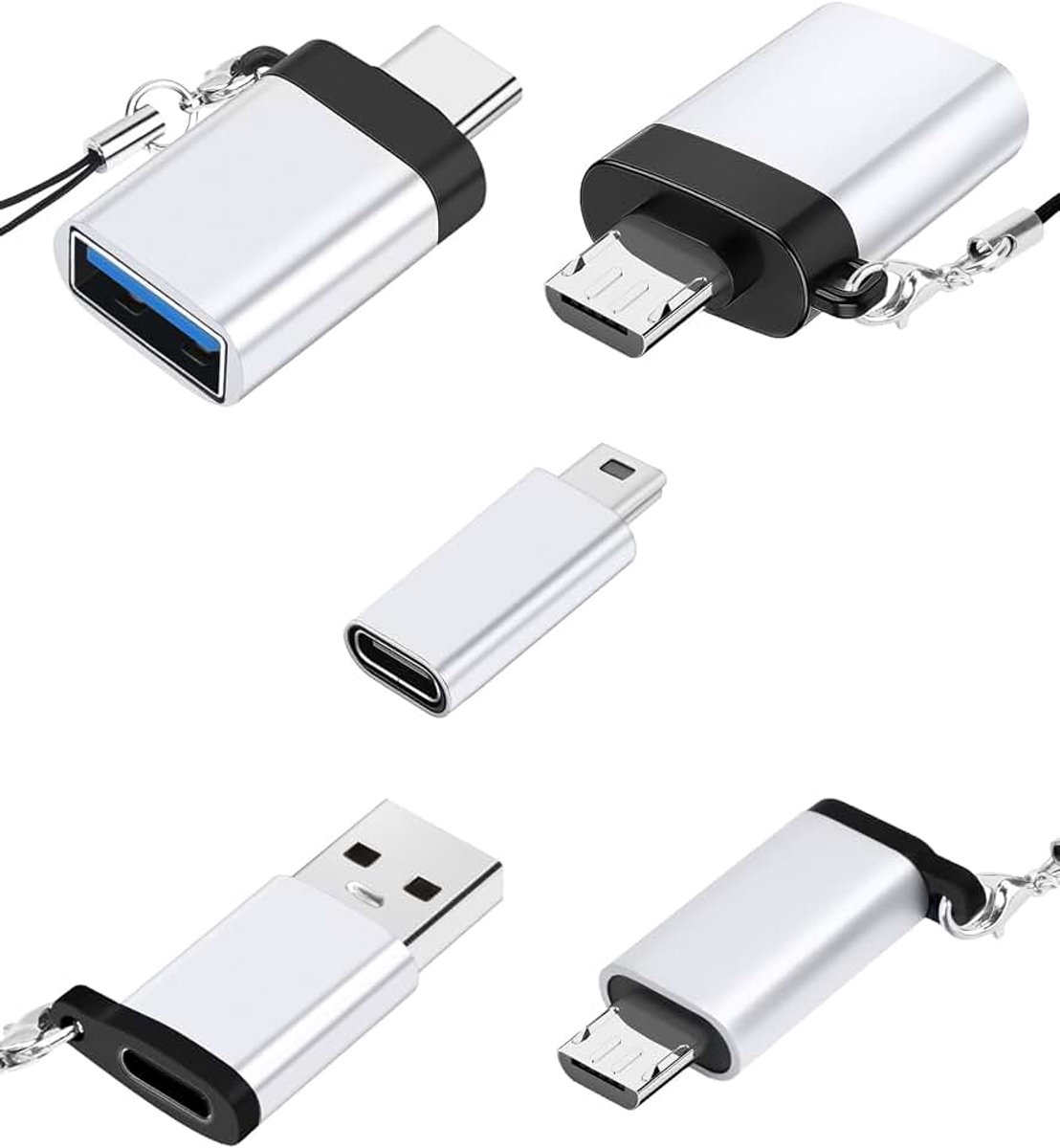 USB naar USB C adapter (5 stuks), USB C bus naar USB stekker adapter, USB C naar Micro USB adapter, Micro USB (bus) naar USB C (stekker) adapter, USB C naar Mini USB-adapter voor MacBook, Samsung, pc