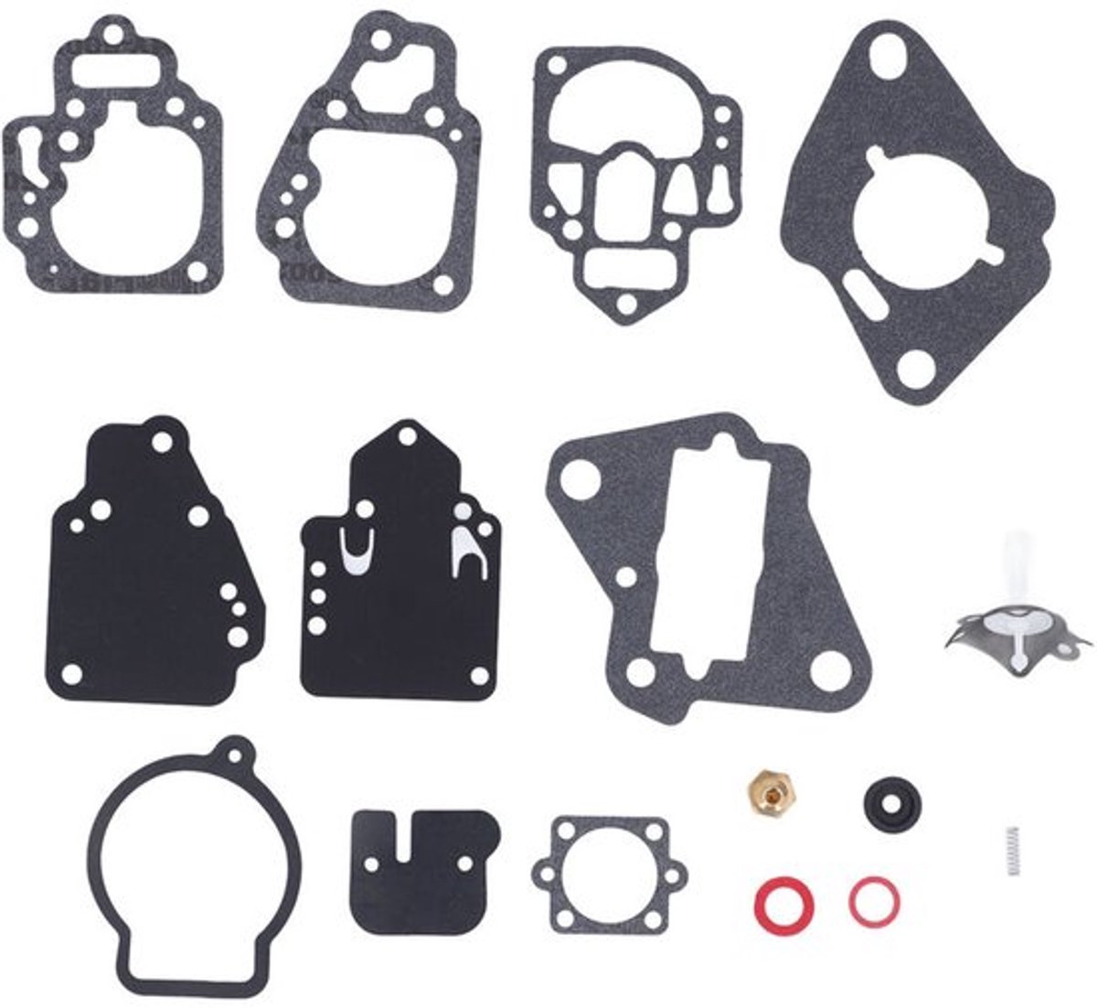 Reparatieset geschikt voor carburateurs van Mariner 6-25 pk motoren: 13 pakkingen, 2 verbindingsstukken, 1 veer.