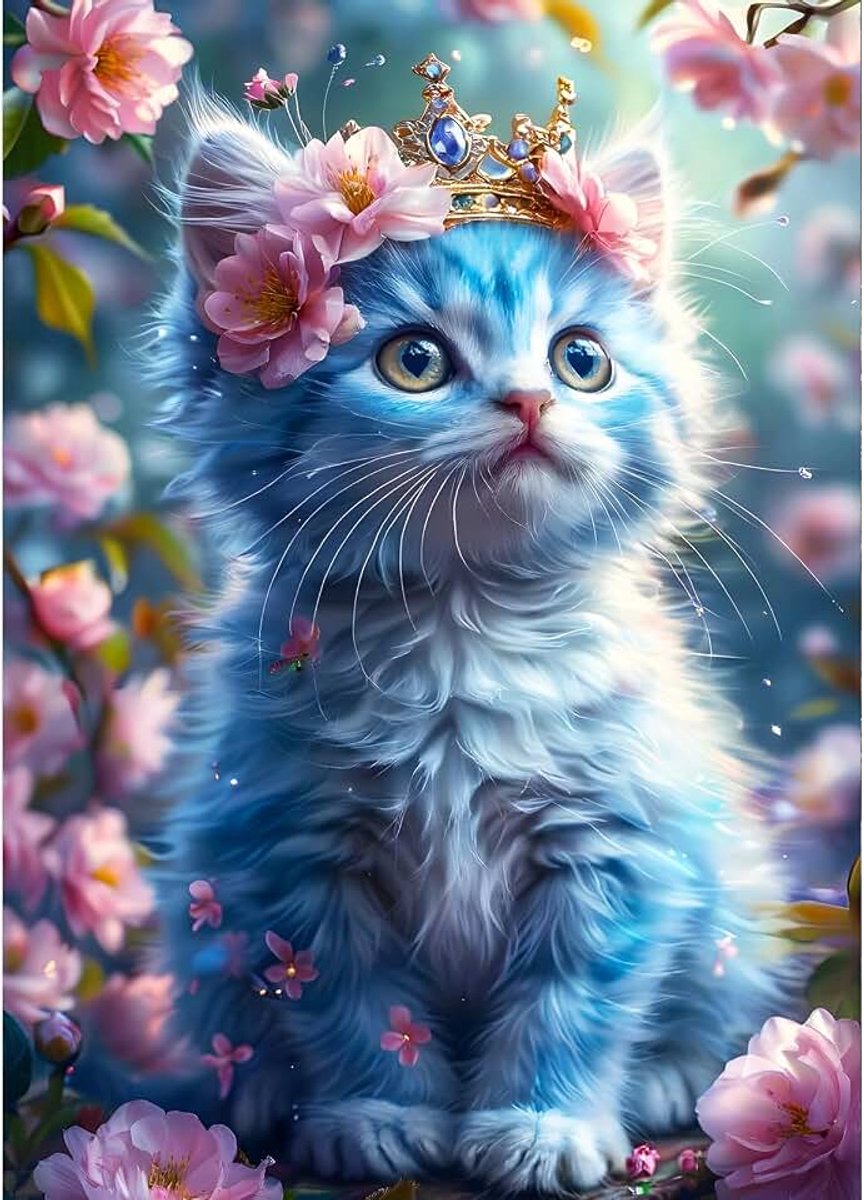 5D Prinses Kat Diamant Painting Kit, Doe-het-zelf Bloemen Roze Diamant Kunst Complete Kits, Kitten Schattig Diamond Art Kits Strass Kruissteek Schilderij voor Volwassenen Beginners