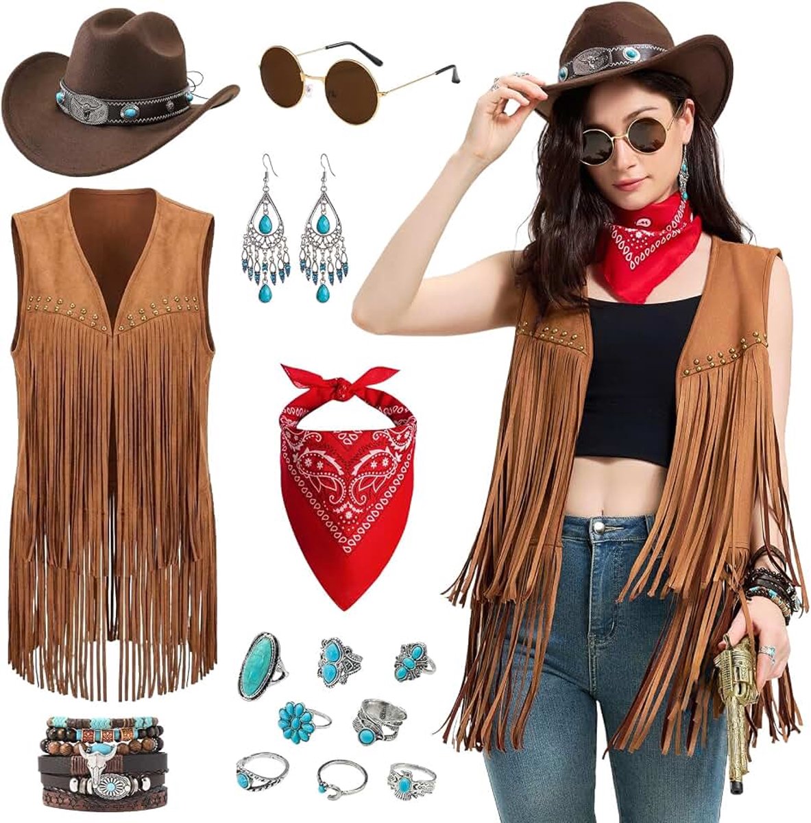 Cowgirl Kostuum voor dames, 20-delig cowboykostuum voor dames, met franjesvest, cowboyhoeden, sjaals, armbanden, ringen, oorbellen, westernoutfit, voor carnaval, cosplay party