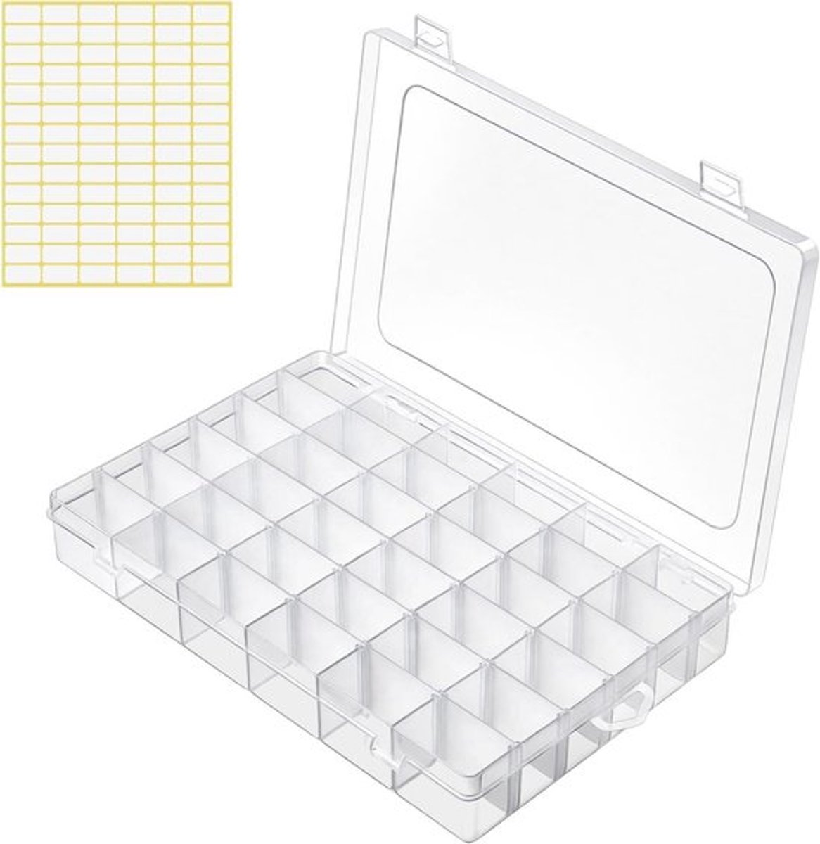 Opbergdoos met 36 vakken voor kralen en sieraden, verstelbaar en geleverd met sticker. Handige organizer voor gereedschap en hobby's.