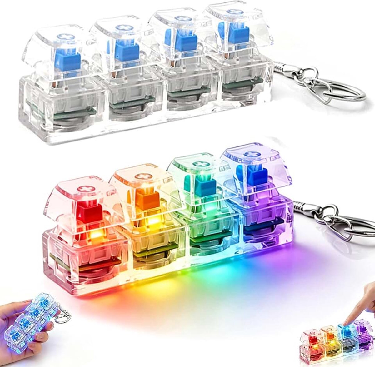 2 stuks sleutelhangers, fidget keyboard, fidget clicker voor toetsenbord, fidget toys voor volwassenen, fidget keyboard, sleutelhanger, fidget clicker toetsenborden met ledlicht, voor angst, kantoor