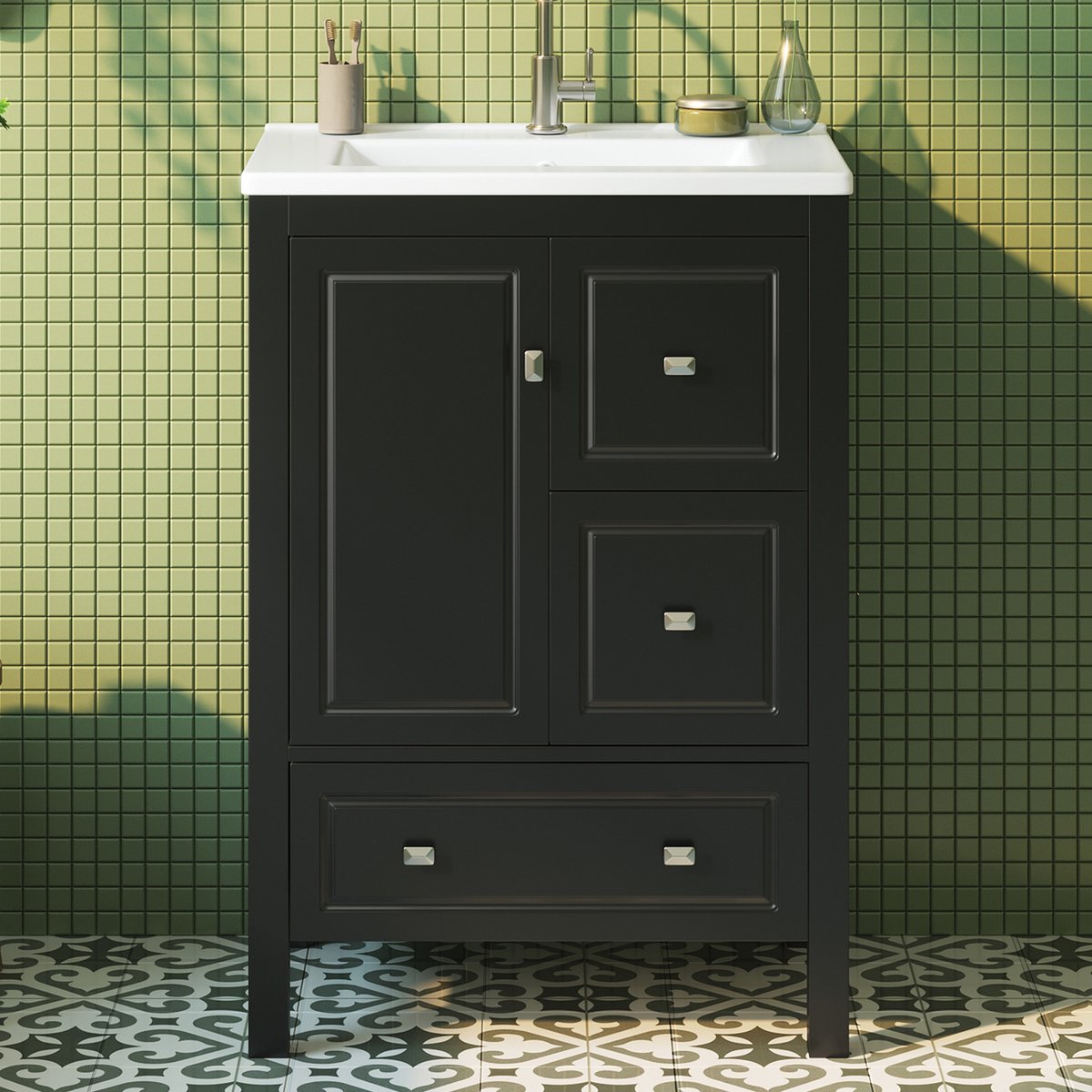 VVBV Badmeubelset 62x47x90 cm - Keramische Wastafel, Vrijstaand, Soft-Close, Opbergruimte - Zwart, Keramiek & MDF