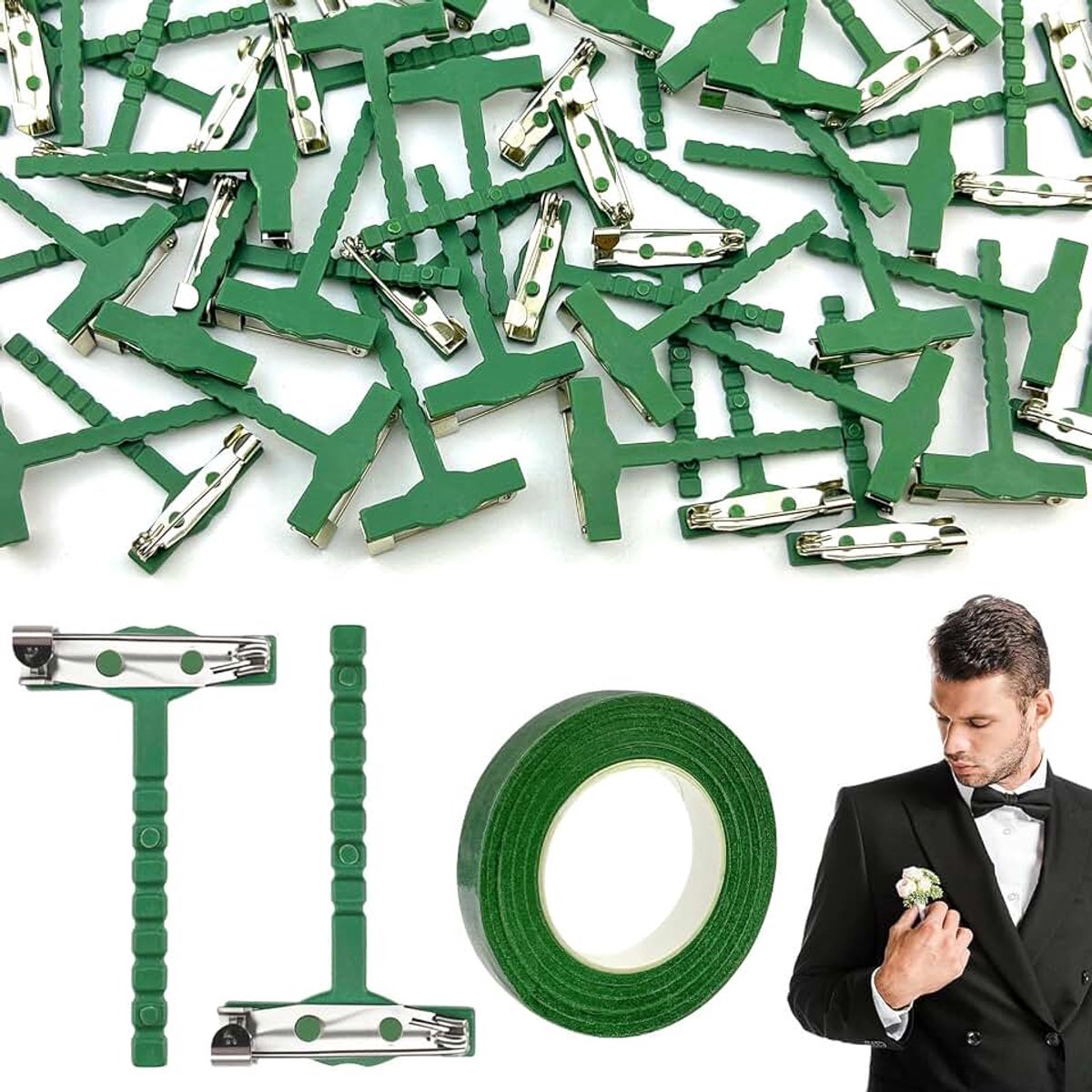 100 stuks T-vormige reversspelden, spelden bruiloft met 1 bloemisttape voor bruiloften, bruidegommen, bruiden, kledingdecoraties (groen)