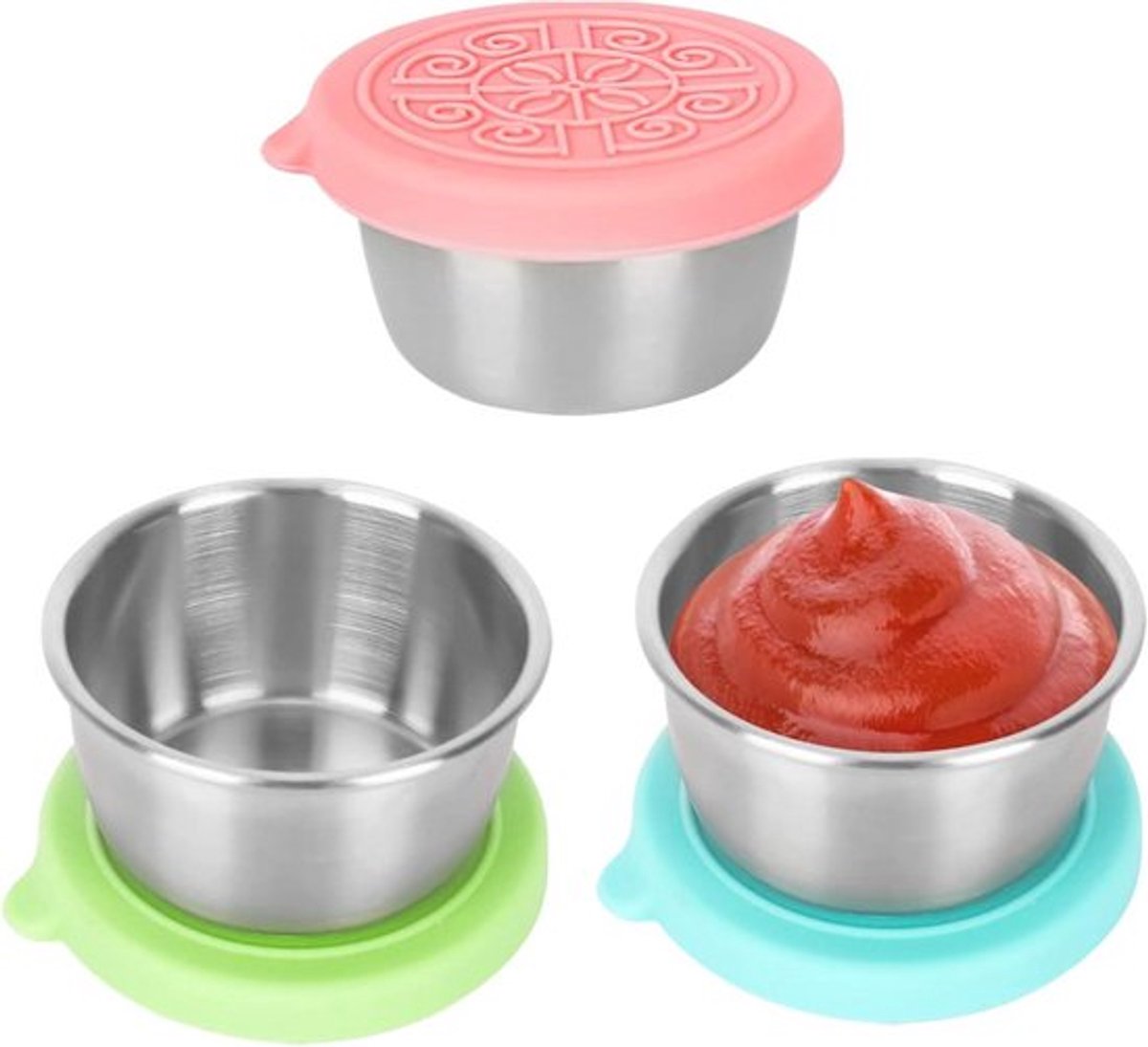 Saladedressing containers - Set van 3 stuks - 50 ml - Voedselcontainers met deksel - Lekvrij en herbruikbaar - Roestvrij staal - Mini ketchupdoos voor picknick, broodtrommel en reizen - BPA-vrij