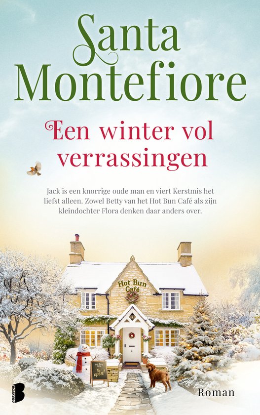 Boekcover van 'Een winter vol verrassingen' door Santa Montefiore, met een besneeuwd café en een vrolijke kerstman.