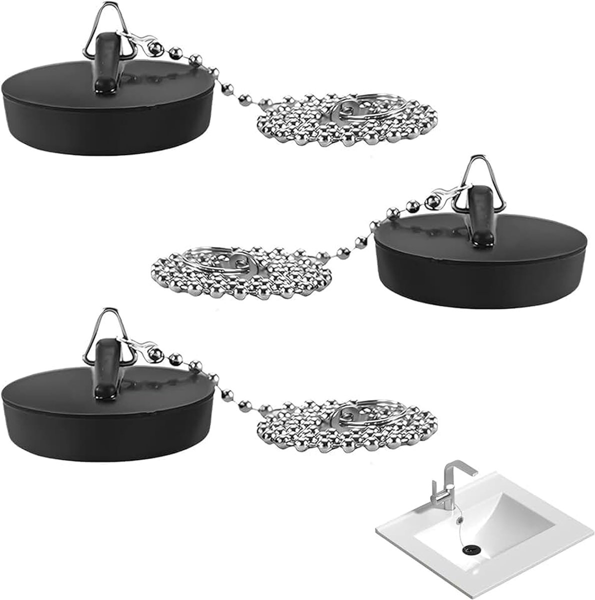 3 Stuks Rubber Stop voor Gootsteen & Bad, Universele Stop met Ketting voor Wastafel, Keuken, Badkamer
