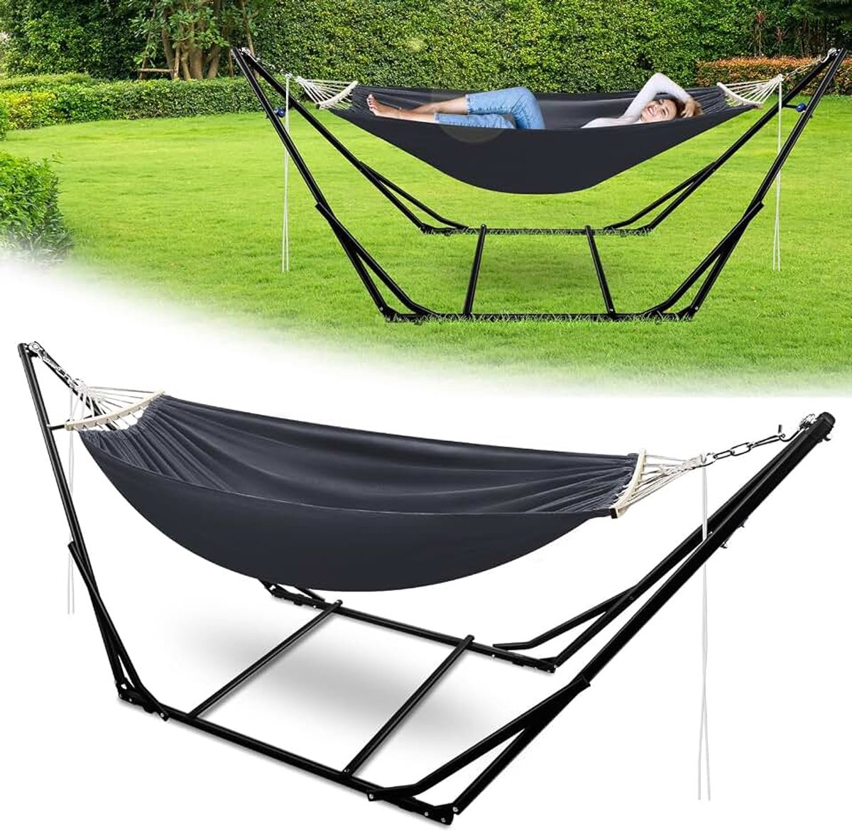 Hangmat met inklapbaar frame en metaal, tot 150 kg, hangstoel voor camping en tuin met draagtas