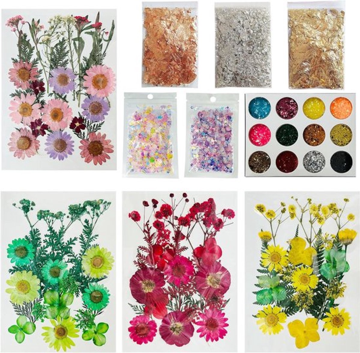 64-delige DIY Set met Gedroogde Bloemen, Natuurlijke Bladeren, Gouden Folie en Sequins voor Creatieve Ambachten
