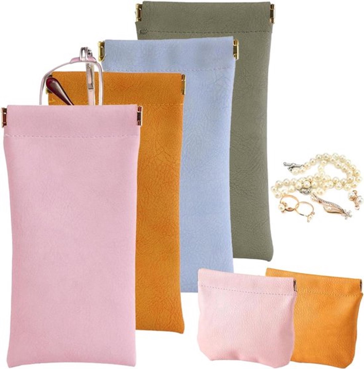 Brillenkoker zacht 4 stuks - Hoofdtelefoon-opbergtas - Brillenzakje - Oranje, roze, blauw, groen, 17.5* - Zonnebril opbergtas