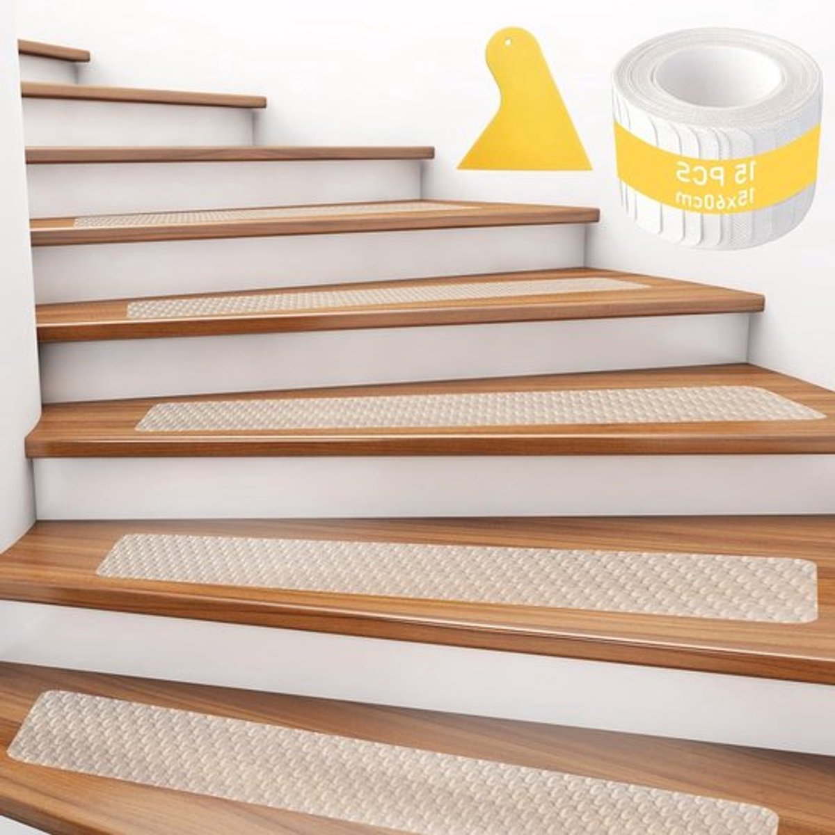 Set van 15 Antislip Trapmatten, Zelfklevend en Waterdicht, Ideaal voor Houten en Marmeren Trappen