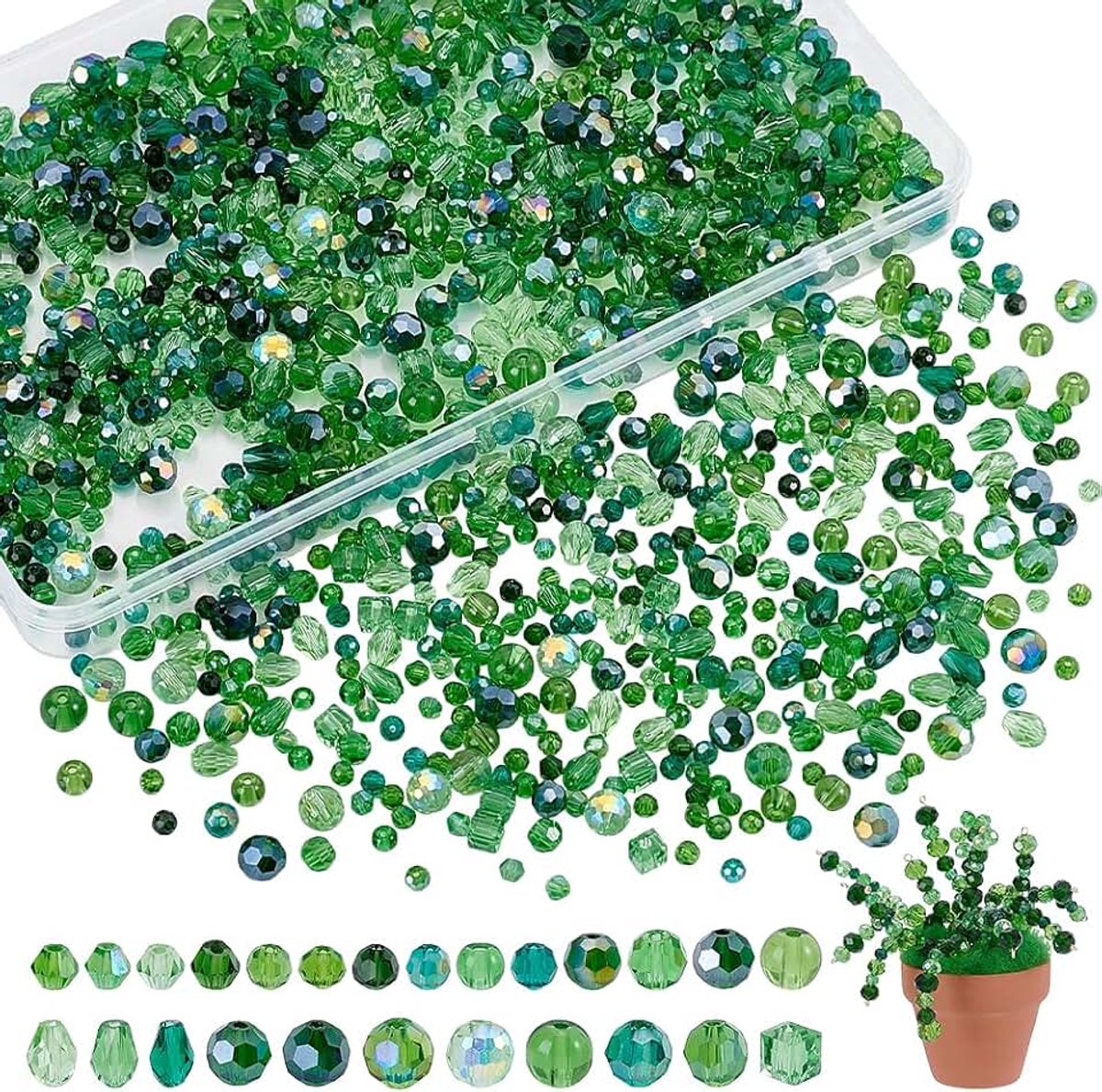 Kralen voor het maken van planten, 25 stijlen, gefacetteerd groen glas, verschillende vormen, bicone ronde traanvormige kubus, ambachtelijke kristallen kralen voor het