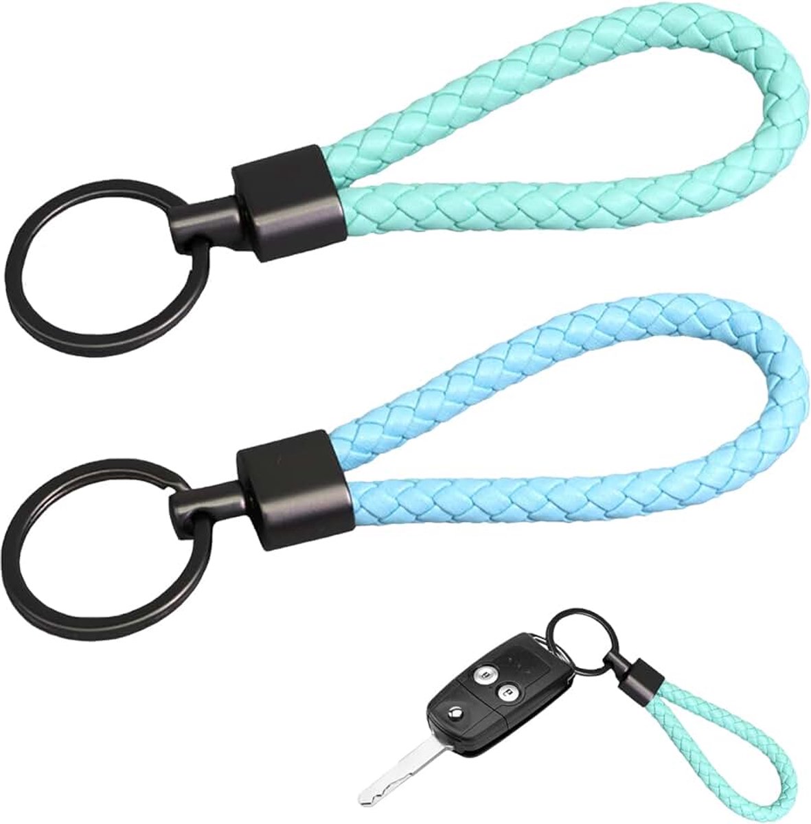 Sleutelhanger Set - 2 Stuks PU Gevlochten Auto Strap, Handgemaakte Weave Faux Design voor Thuis en Kantoor, Blauw + Groen