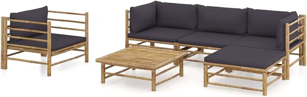 Tuinmeubelset, 6 stuks, bamboe en kussens, donkergrijs, bank voor buiten, terras