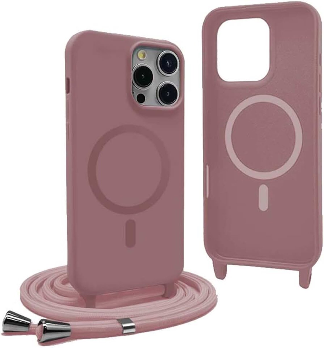 Beschermhoes voor iPhone 16 Pro met koord, compatibel met MagSafe, siliconen beschermhoes voor magnetisch gebruik met verstelbare halsketting - Roze Goud
