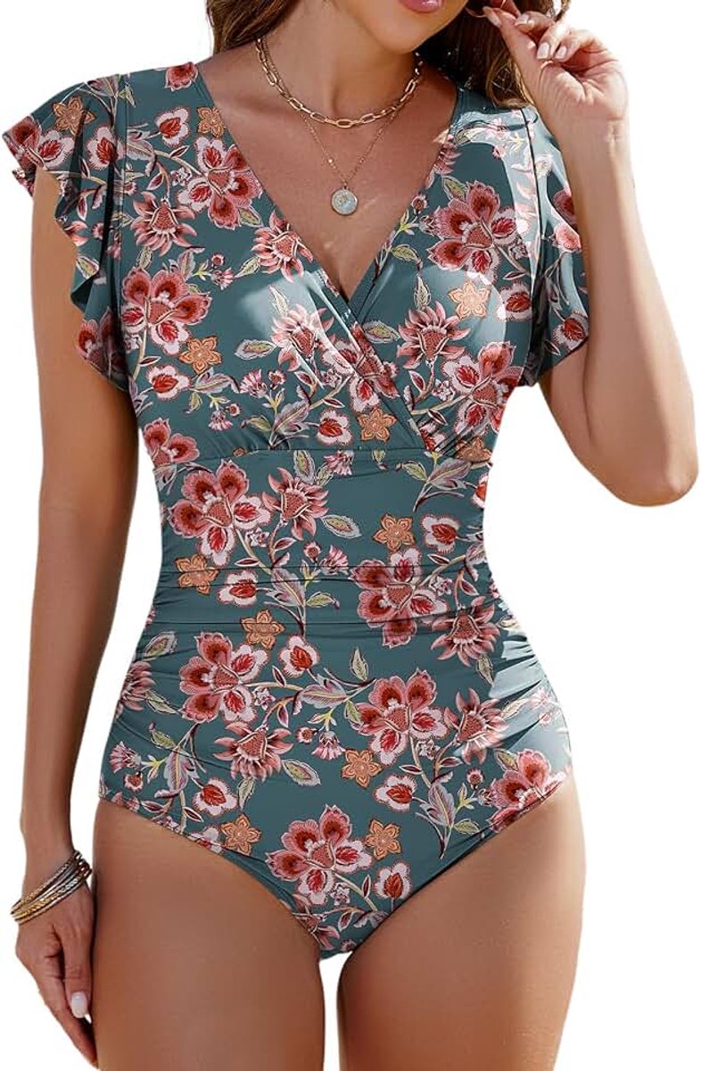 Girl Badpak voor dames, ruches, V-hals, buikweg, eendelig, push-up zwempak, monokinis, badmode, vormend badpak met beugel, hoge taille, zwempakken voor vrouwen