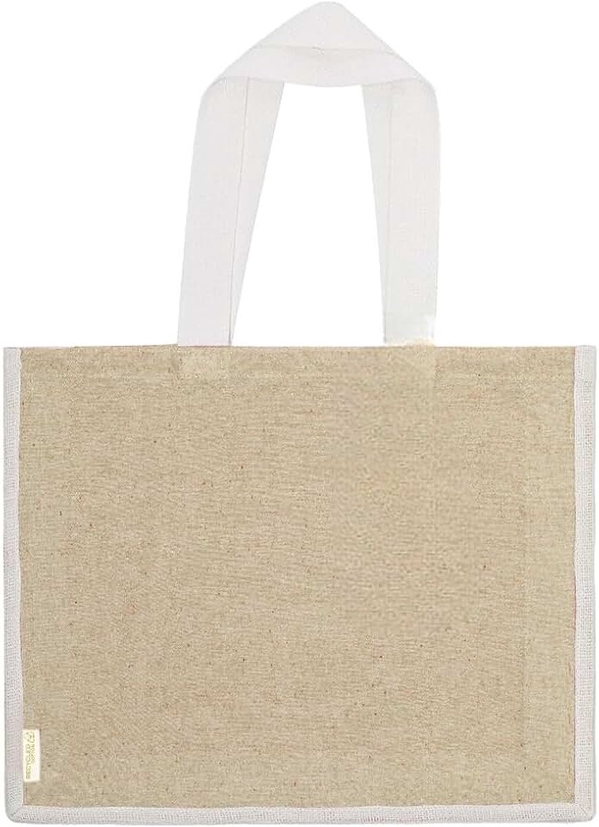 Tas van gerecycled katoen met jute, 36 x 45 x 11 cm, lange handgrepen 70 cm met versterking, robuust 8 kg.