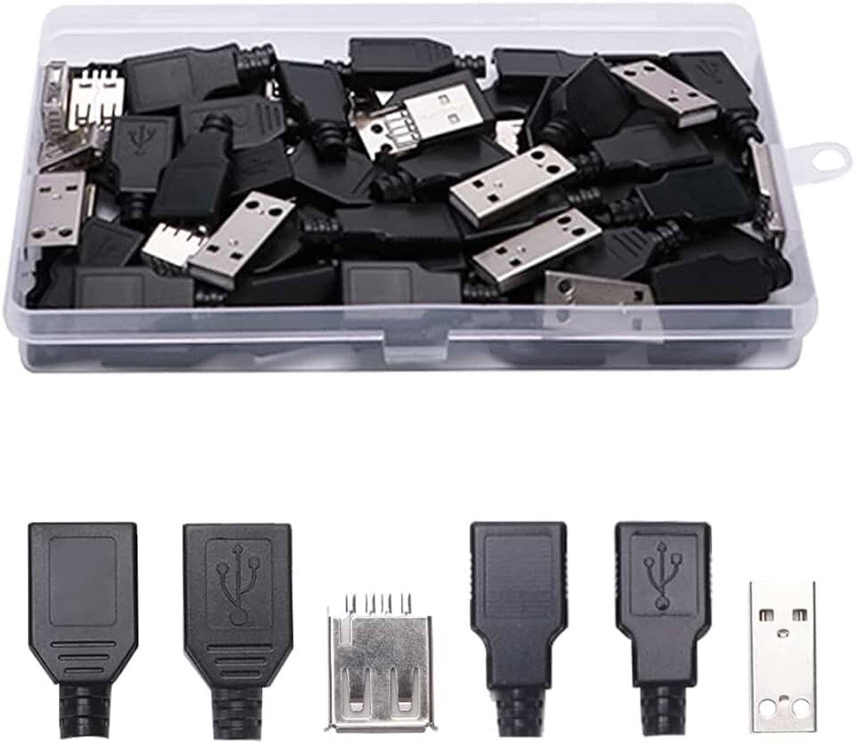 12 Sets USB 2.0 Type A Connector, met Plastic Omhulsel, USB Type A 4-Pins Mannelijke en Vrouwelijke Jack Soldeer Connector Adapter Stopcontact, USB Adapter Assortimentset