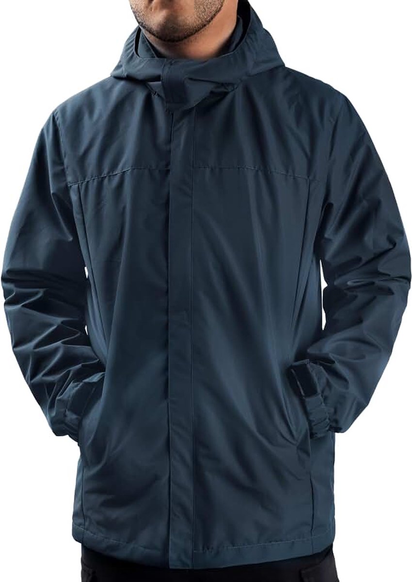 Regenjas voor heren met capuchon, waterdicht, lichte jas en zakken met ritssluiting, regenjas voor outdoor, kamperen, wandelen, blauw, XL