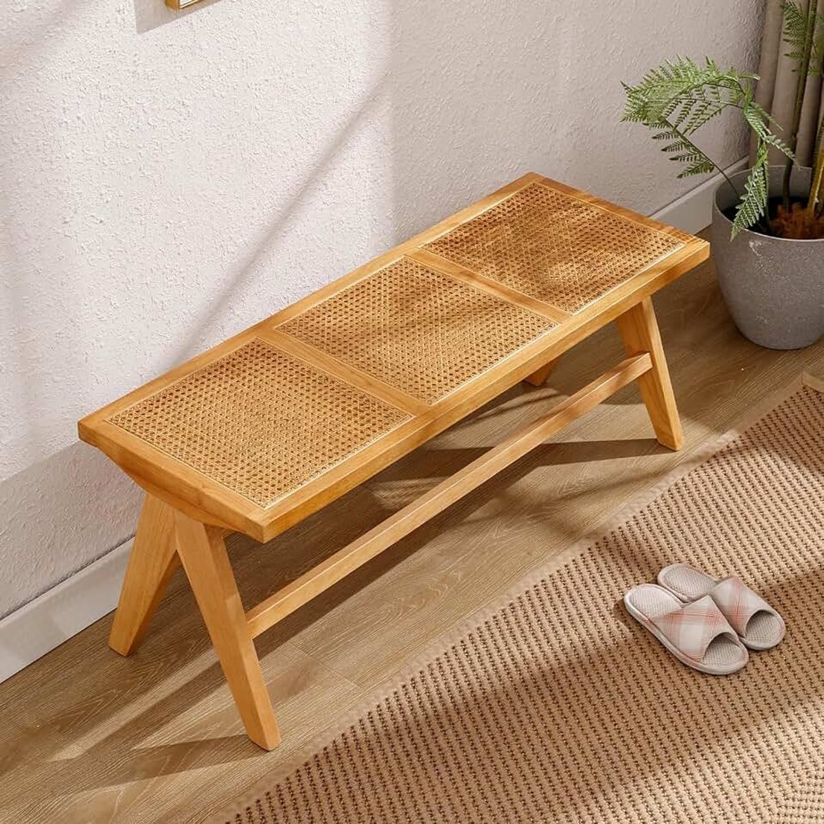 Chairus Moderne houten bank met rotan zitting, geel