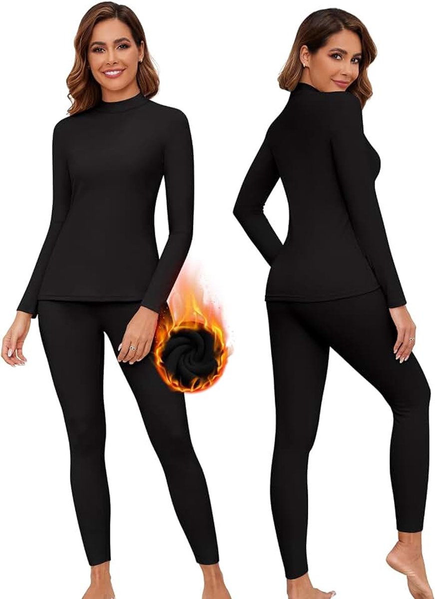 Thermo-ondergoed voor dames, fleece, ski-ondergoed, set, winterondergoed, warm, functioneel ondergoed, thermo-bovendeel met opstaande kraag en thermische broek, leggings voor dagelijks gebruik