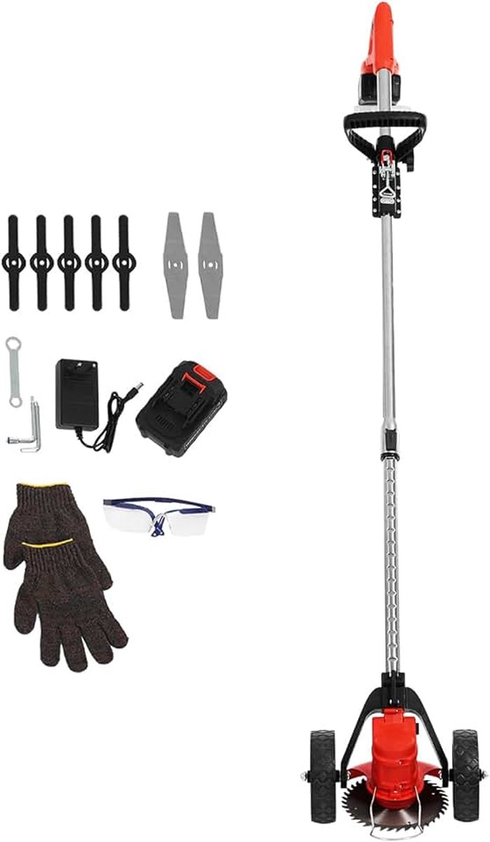 800 W, bosmaaier, grastrimmer met 2 batterijen, 2 wielen, 7 messen, 18000 tpm, instelbare lengte 120-151 cm, voor tuinen, gazons