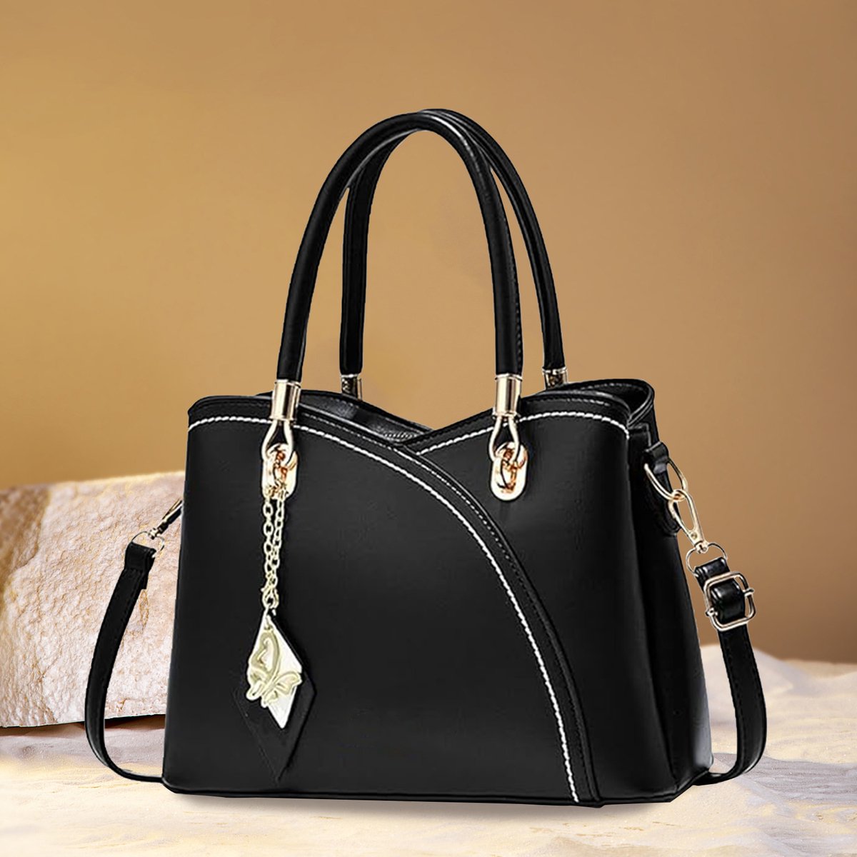 Wishdor Zwarte Dames Handtas met Vlinder Hanger - PU Leer - Schoudertas & Shopper - 7 Vakken - 37x28x12 cm - Geschikt voor Werk, Reizen & Shoppen