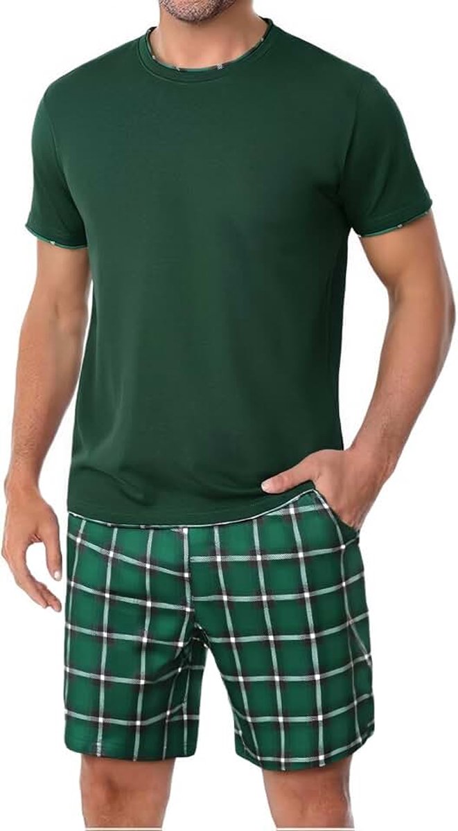 Pyjama's voor heren, zomer, katoen, korte pyjama voor heren, T-shirt met korte mouwen, tweedelige pyjama's voor heren, katoenen pyjama's en Schotse shorts met zakken, licht en zacht