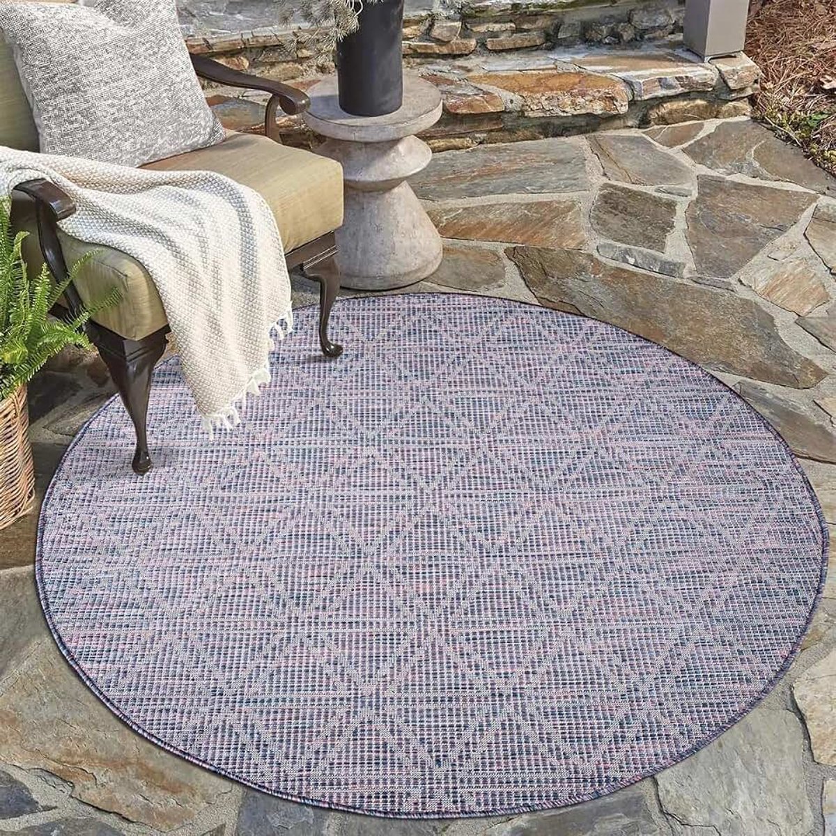 Carpet city Outdoor tapijt, terras, weerbestendig, 200 x 200 cm, rond, balkontapijt, blauw-roze, geometrisch patroon, voor binnen en buiten voor veranda, tuin, keuken, badkamer of woonkamer