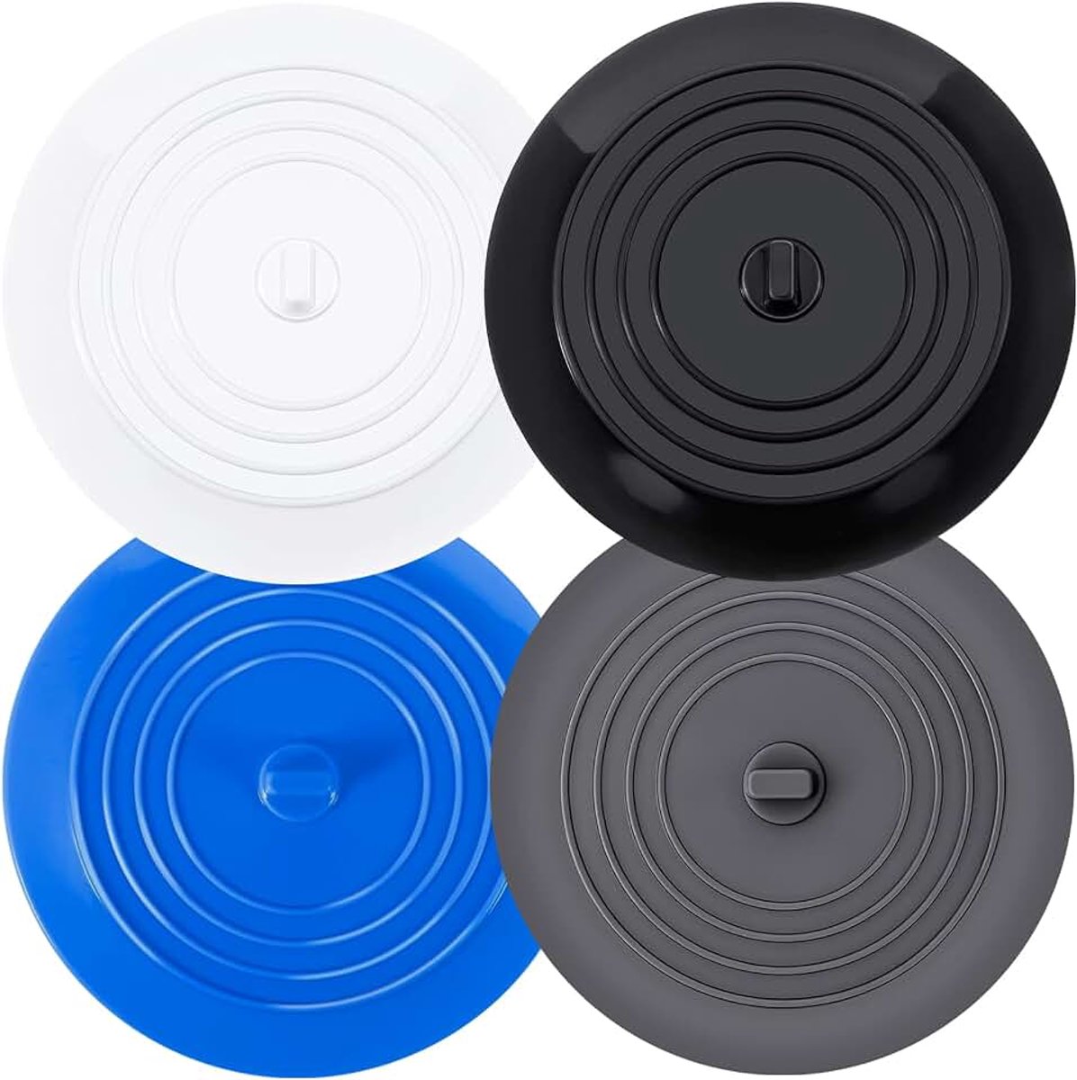 4 stuks siliconen wastafelstop, 15,2 cm, siliconen badkuipstop, universele stop voor gootsteen, afvoerstop van siliconenrubber, voor douche, badkuip, keuken, gootsteen, zwart, wit, grijs