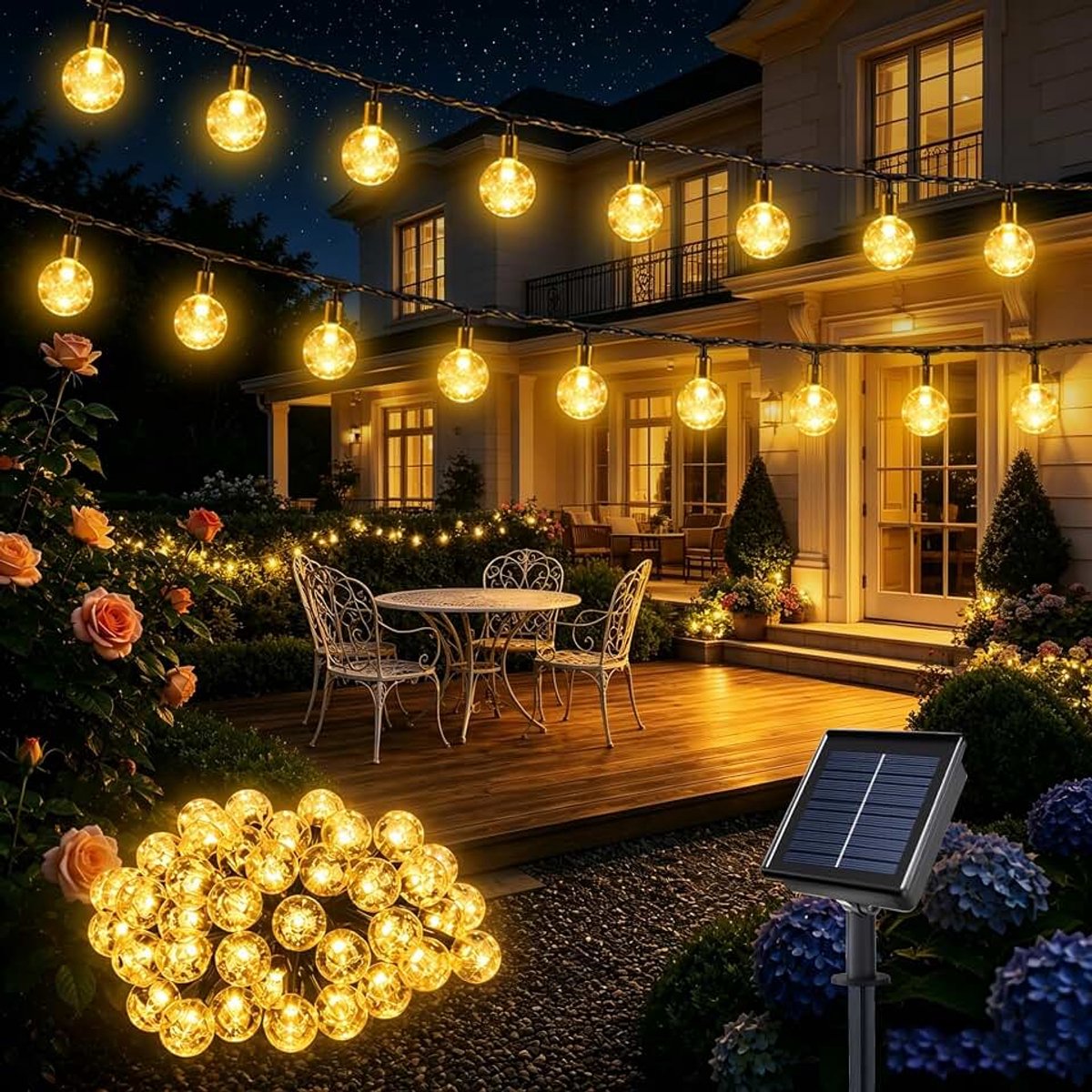 Solar Lichtsnoer Buiten 11 m 60 LEDs, IP65 Waterdicht, 8 Lichtmodi, Warm Wit, voor Tuin, Terras, Balkon, Pergola en Binnenplaats