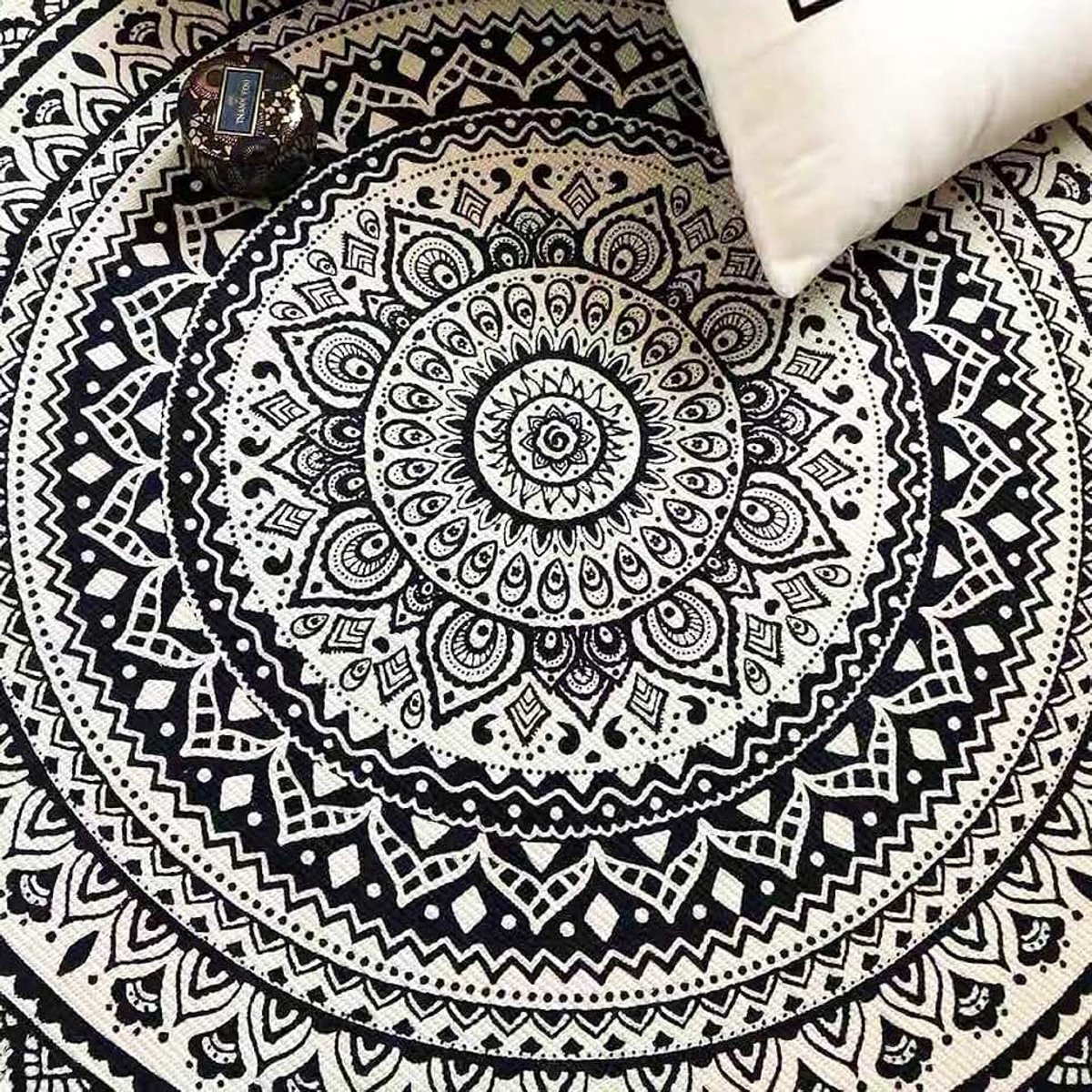 Katoenen karpet Wasbaar in de machine Kwastje Chic patroon Slaapkamer Woonkamer Bank Salontafel Schommelstoel Nachtkastje Elegant zwart,110CM