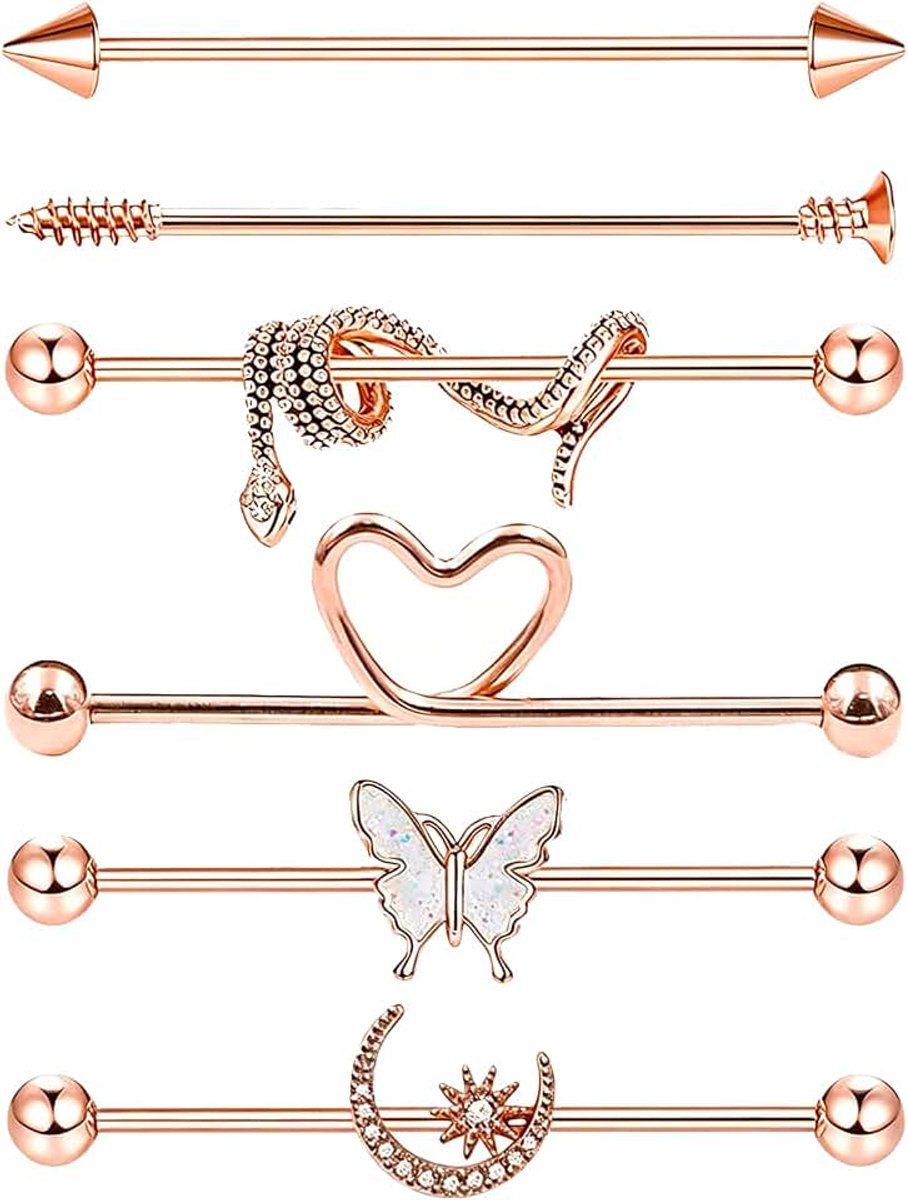 6 stuks industriële piercing sieraden 14G roestvrij staal industriële piercing bars oorbellen vlinder, hart, maan barbell oorbellen voor kraakbeen en helix