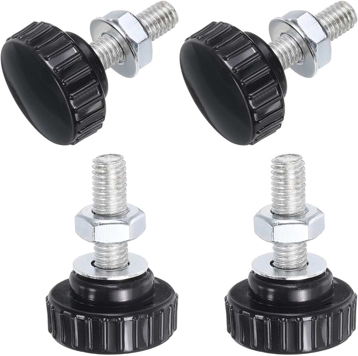 Set van 4 gekartelde knoppen, duimschroeven met moeren, sluitringen, M8 x 25 mm schroefdraad, 30 mm, kunststof kop, verzinkt koolstofstaal, klemschroeven, handvat, zwart