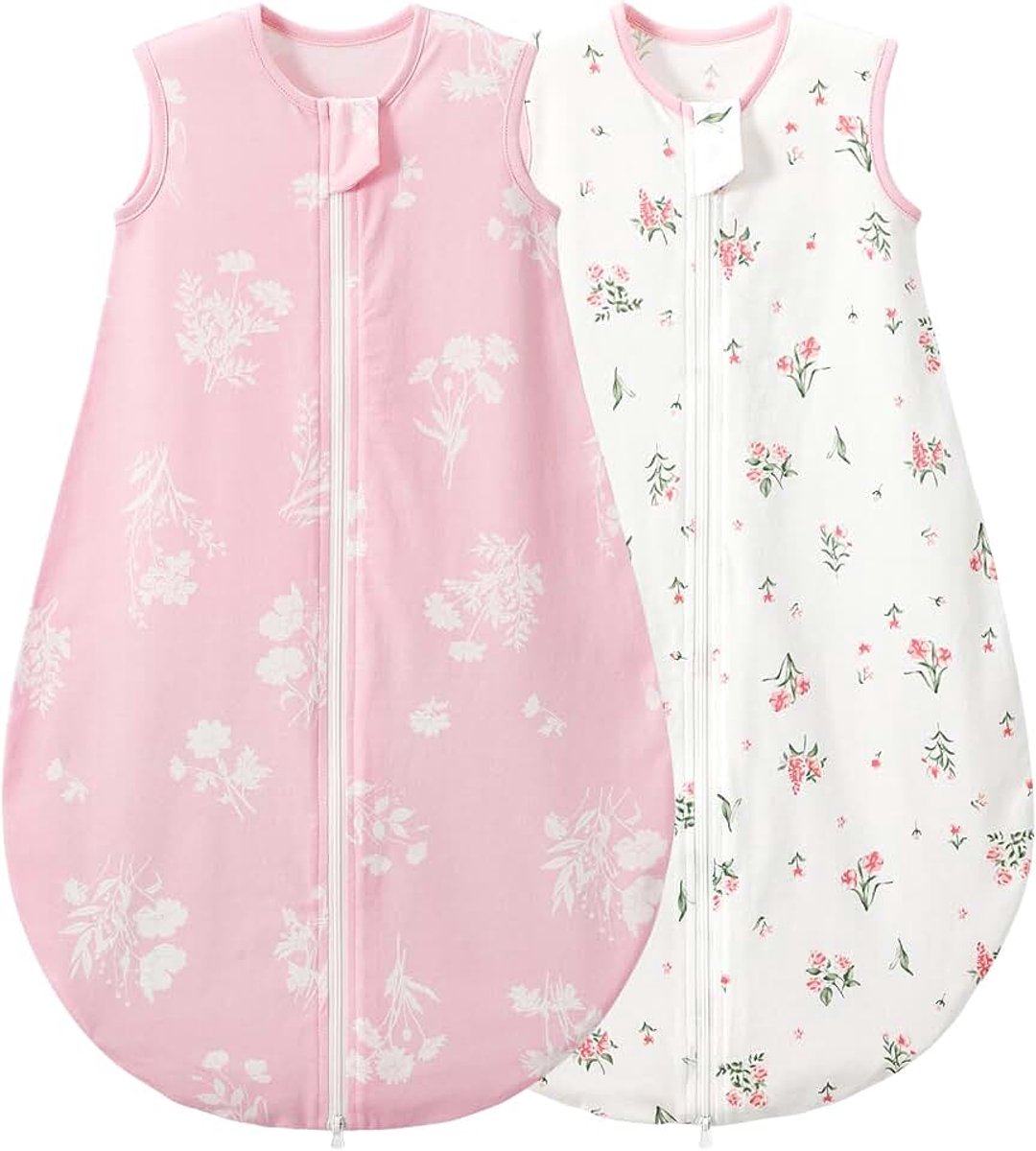 Set van 2 babyslaapzak, 0,5 TOG, vierseizoenenslaapzak, licht hoogwaardig katoen, meisjesslaapzak, geschikt voor kinderen van 6 maanden tot 5 jaar, bloemen roze/L
