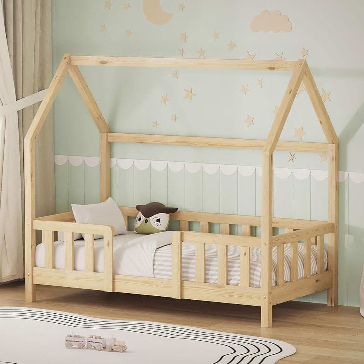 Kinderbed 70x140 cm met valbeveiliging Montessori huisbed voor meisjes en jongens lattenbodem decoratieve kap massief grenenhout naturel eenpersoonsbed houten bedframe duurzaam jeugdbed