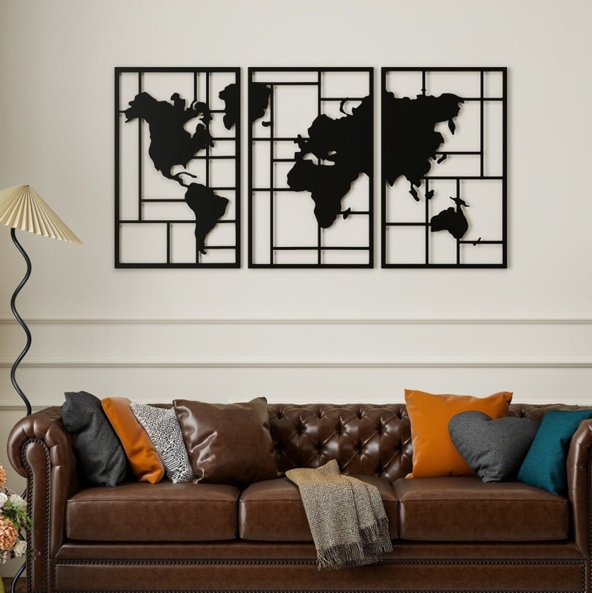 REDOM - Wandpaneel - Metalen wereldkaart - 3-delige wanddecoratie - Geometrische lijnen - Moderne stijl - Woonkamer - Zwart - 150 x 80 x 1,9 cm