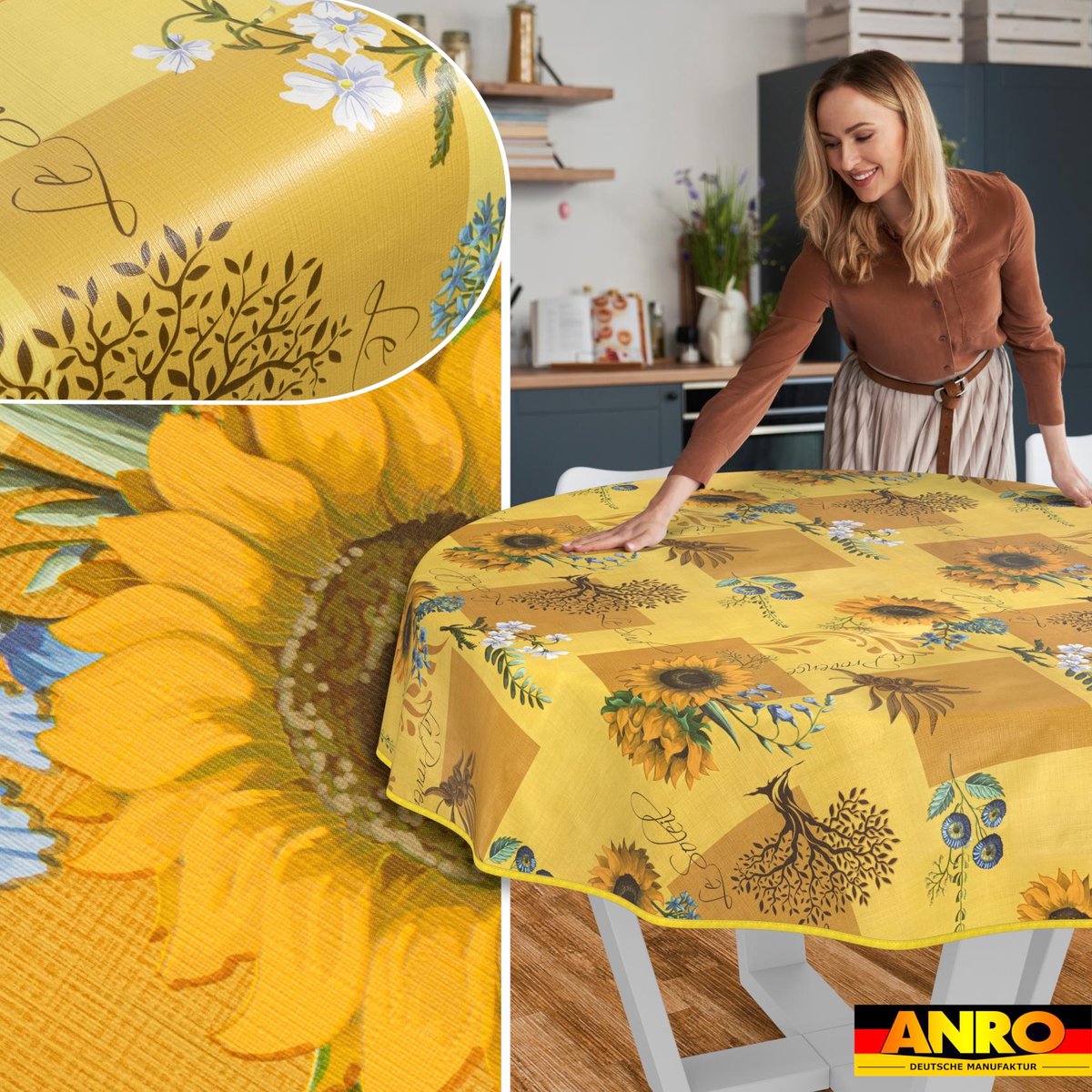 ANRO Tafelkleed Zonnebloemen Meerkleurig Rond Ø120cm Met sierband Afwasbaar Waterafstotend