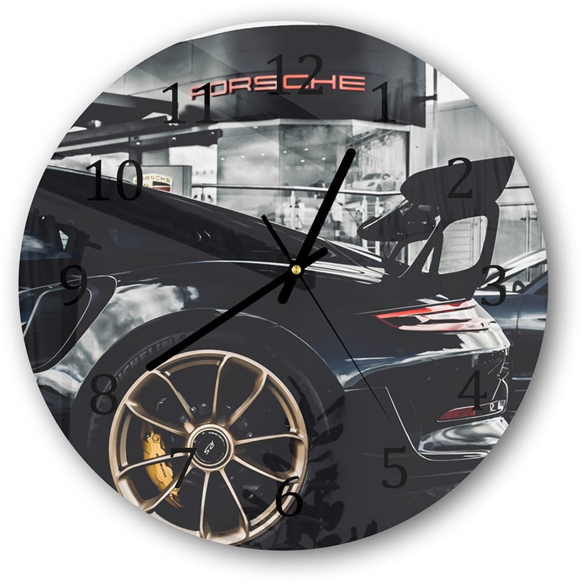 Mydesignglas Grote Glazen Wandklok XXL - Wandklok Rond 30cm - Gehard Glas - Porsche GT3 RS Zwart - Stille Klok voor Woonkamer & Keuken - Modern Design