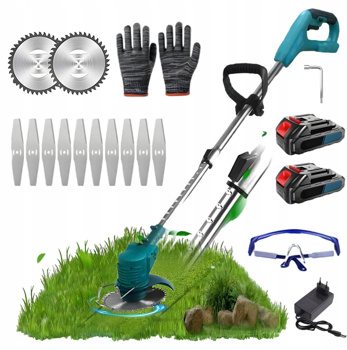 Elektrische Grastrimmer - Accu Grastrimmer - Tuin Onkruidmaaier - 18V - Accu & Lader & 3 Soorten Messen - 85-122 cm - 0-90° - Voor Tuin - Incl. Veiligheidsbril & Handschoenen