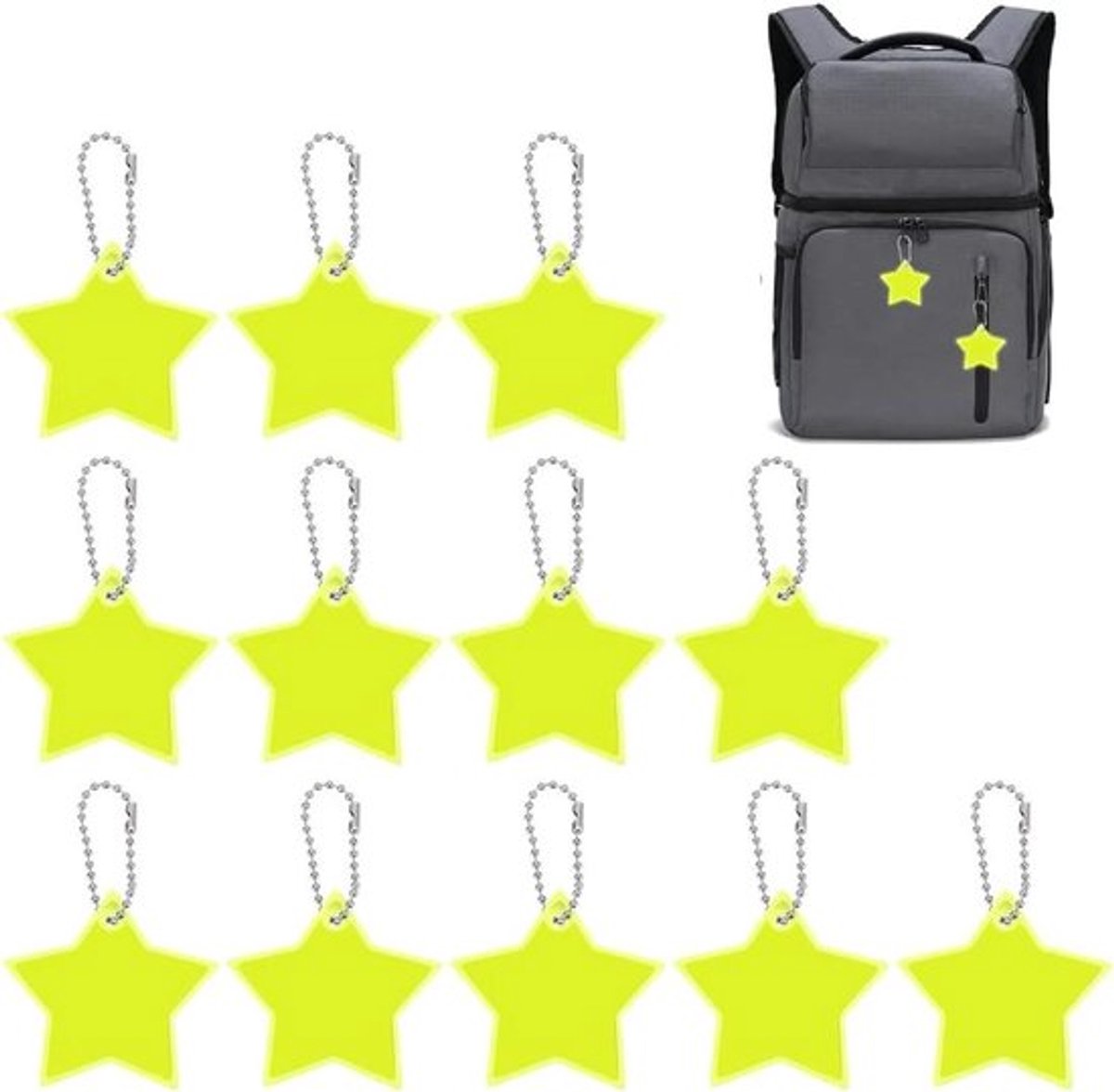 - Reflecterende hangers - Sterreflectoren - Veiligheid - Fluorescerend geel - Kindersleutelhanger - Geschikt voor rugzakken, schooltassen en fietsen - Reflecterende accessoires voor wandelen