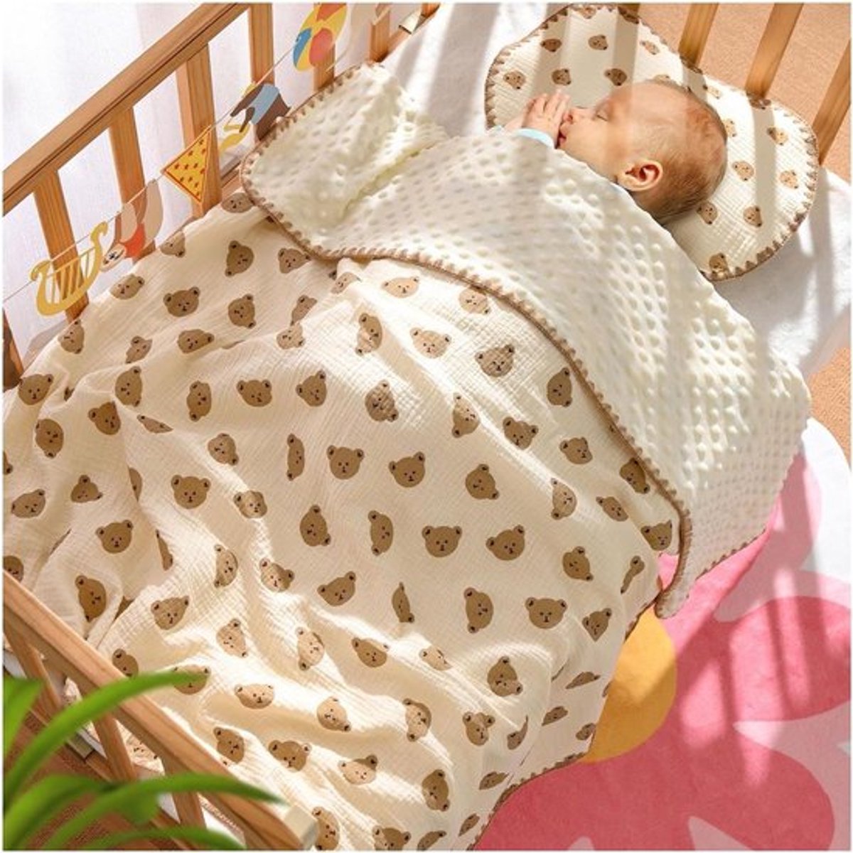 Baby Zomerdeken - Gestippeld Patroon - Ademend - Huidvriendelijk - Zacht - Multifunctioneel - Peuters - Kleuterschool - Kinderwagen - Kleine Beer.
