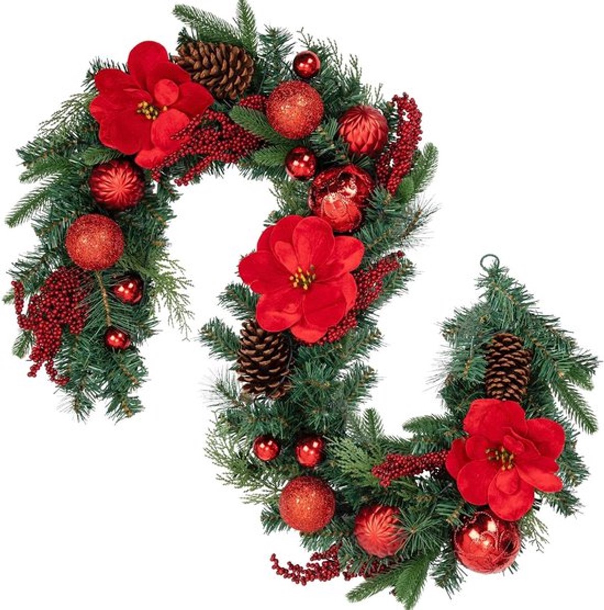 Kerstslinger van 183 cm met decoratieve kerstballen - kerstmagnolia - dennenappels - kerstdecoratie - deurkrans voor feesten - advent - huiswanddecoratie of kerstversiering