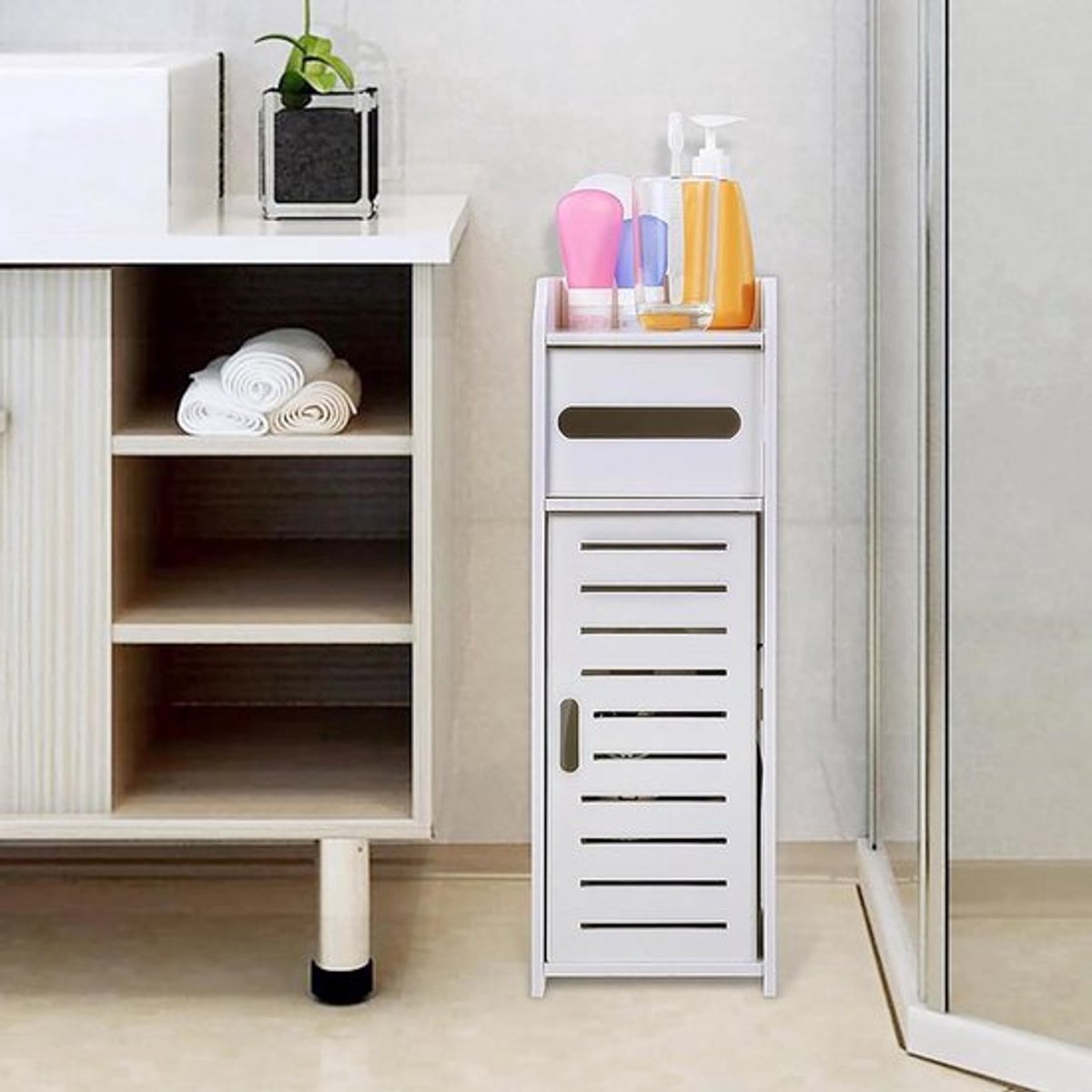 Badkamerkolom met lade en luiken voor toiletopslag en handdoeken - wit - 3-laags - voor kantoor, woonkamer - 17 x 22 x 56 cm