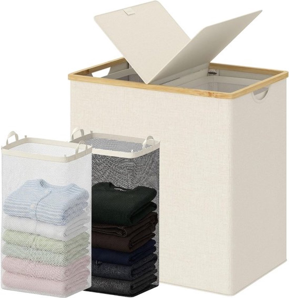 Dubbele Wasmand met Deksel en 2 Afneembare Vakken, 140 L, Ideaal voor Badkamer, Slaapkamer en Wasruimte, Beige